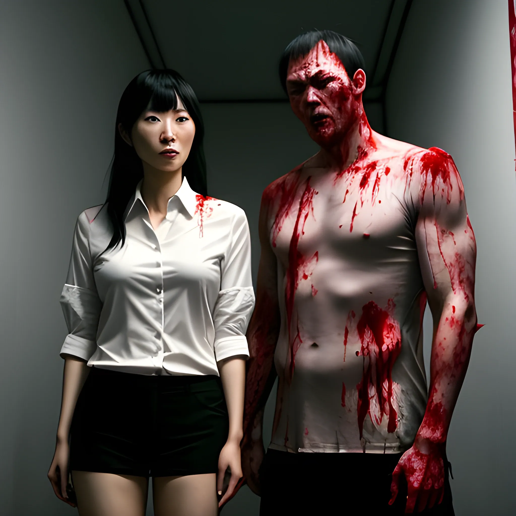 9 year old japanese girl wearing clothes getting scolded by a man in a dark room with blood splattering everywhere, 8k ultra hd, blood everywhere, dark lighting

