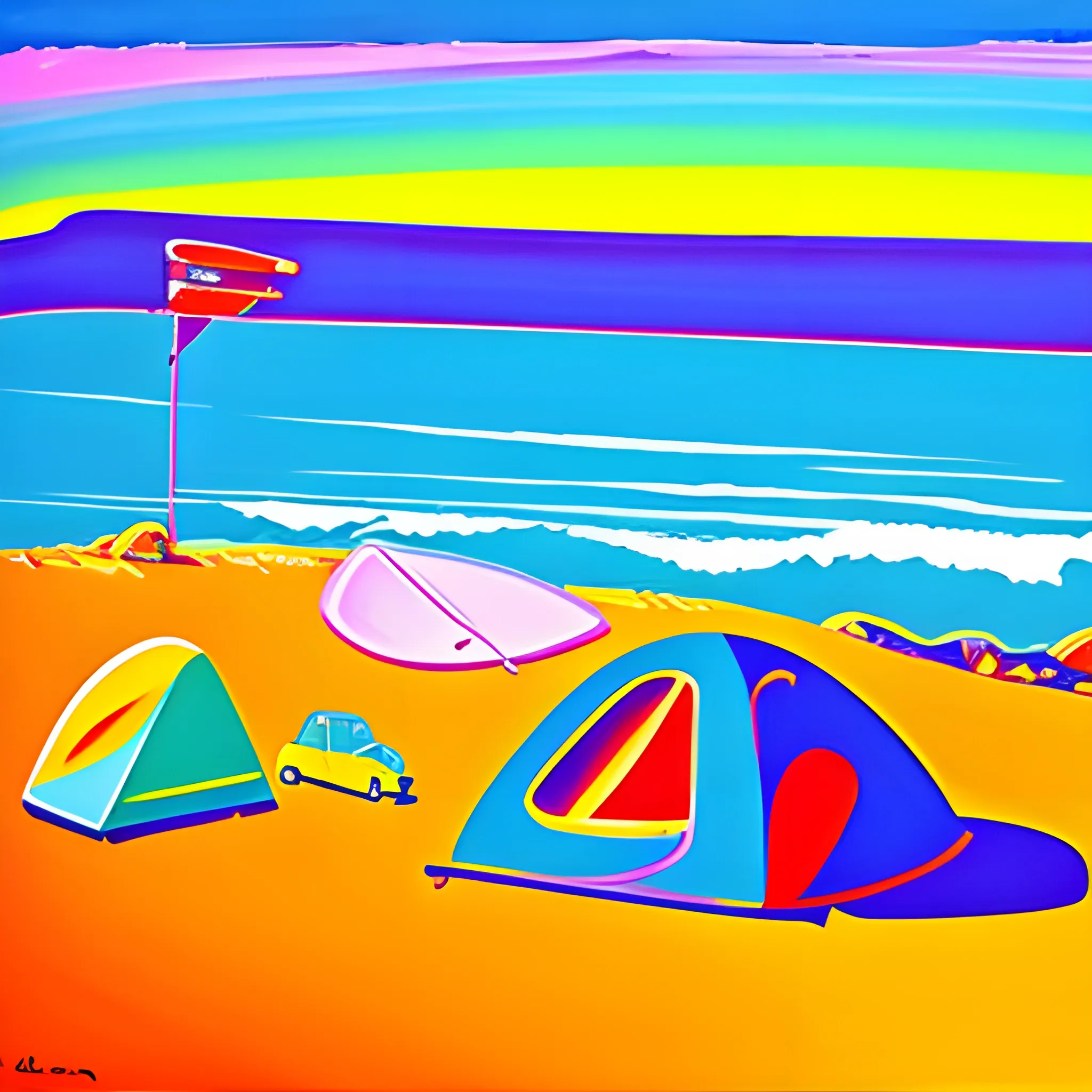 Peter Max painting that capture the essence of surfing, camping, van life