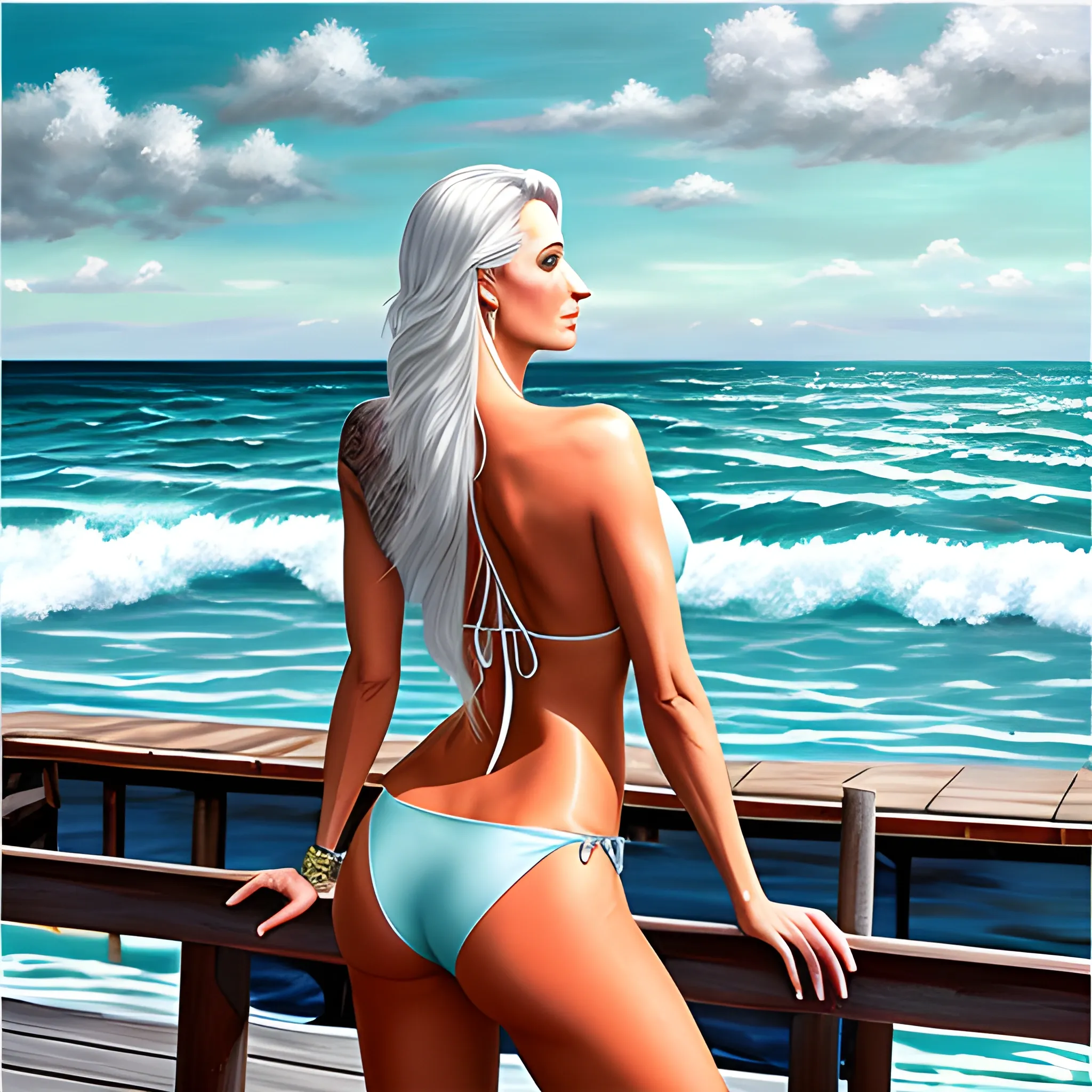 sea in the backgroundm on a dock, BREAK 1girl, silver very long hair, from back, (looking at the horizon), bikini, tattooed lombar, back focus, 180, , Oil Painting