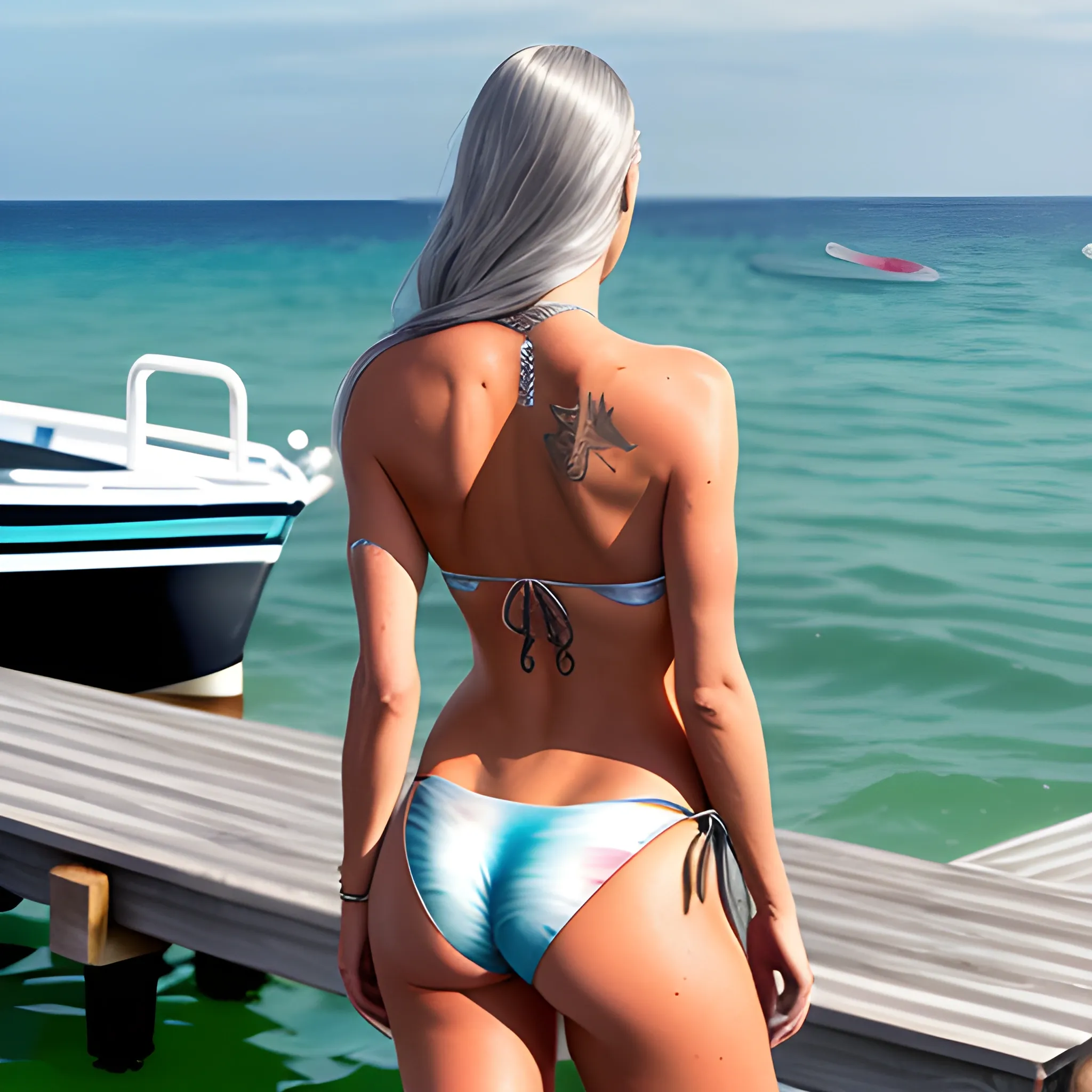 sea in the backgroundm on a dock, BREAK 1girl, silver very long hair, from back, (looking at the horizon), bikini, tattooed lombar, back focus, 180, 3D, Water Color