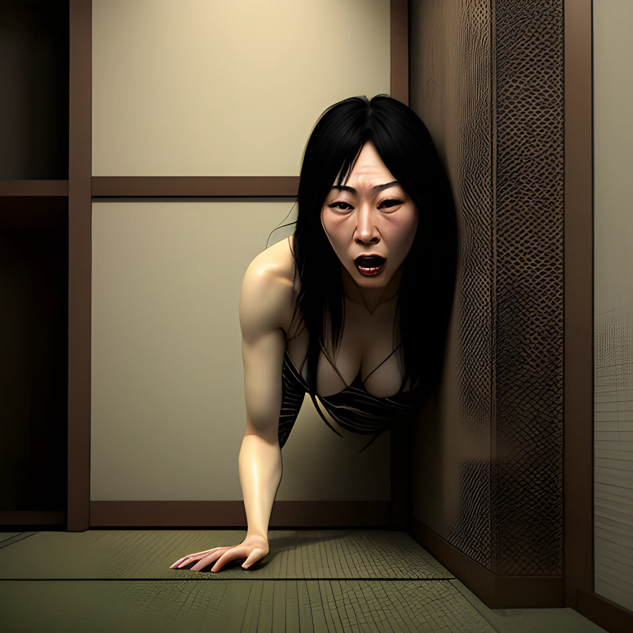 desperation consuming a japanese girl as she crawls into a corner of the room afraid, extremely detailed face, 8k ultra hd, epic ambient lighting