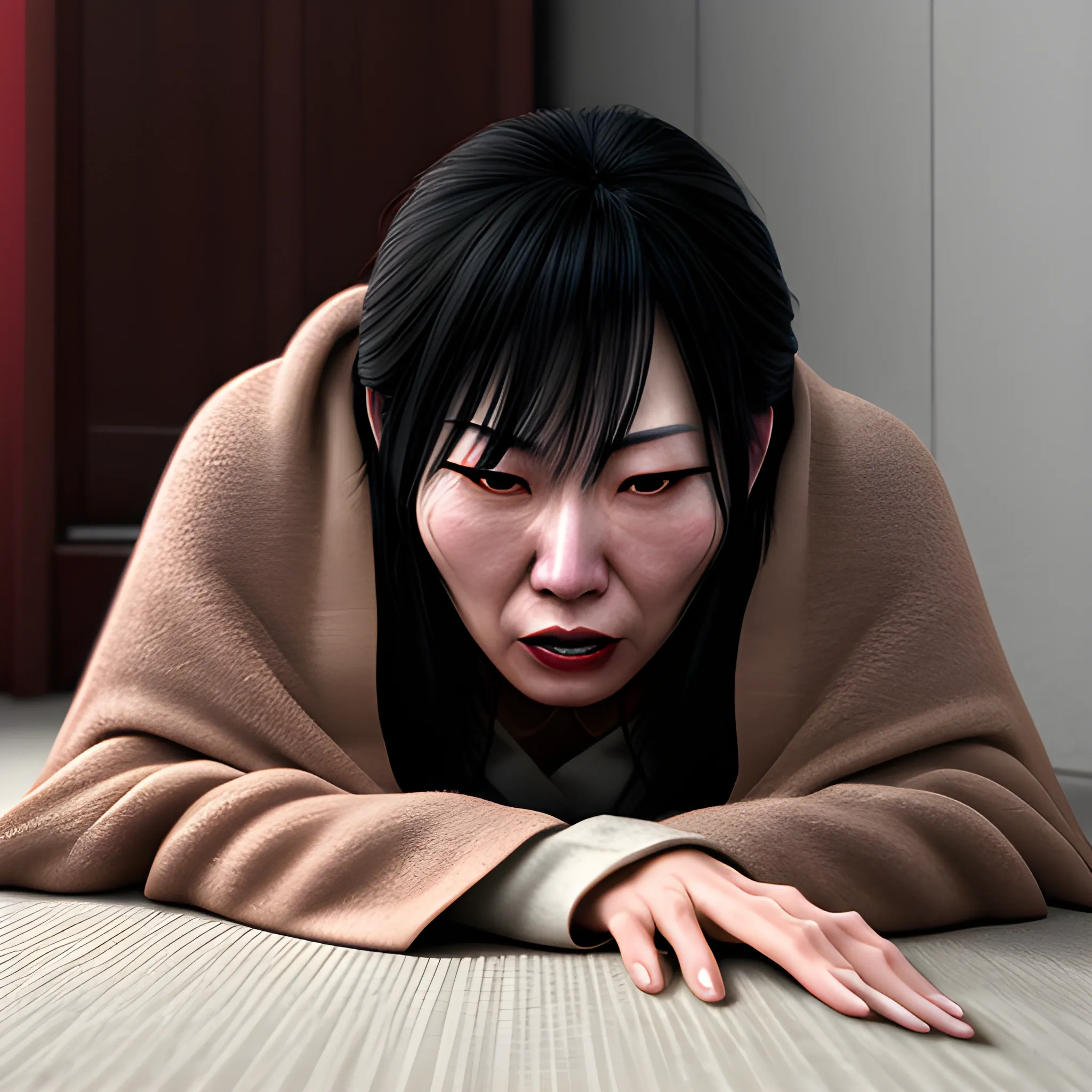 desperation consuming a japanese girl as she crawls into a corner of the room afraid holding a blanket, extremely detailed face, 8k ultra hd, epic ambient lighting