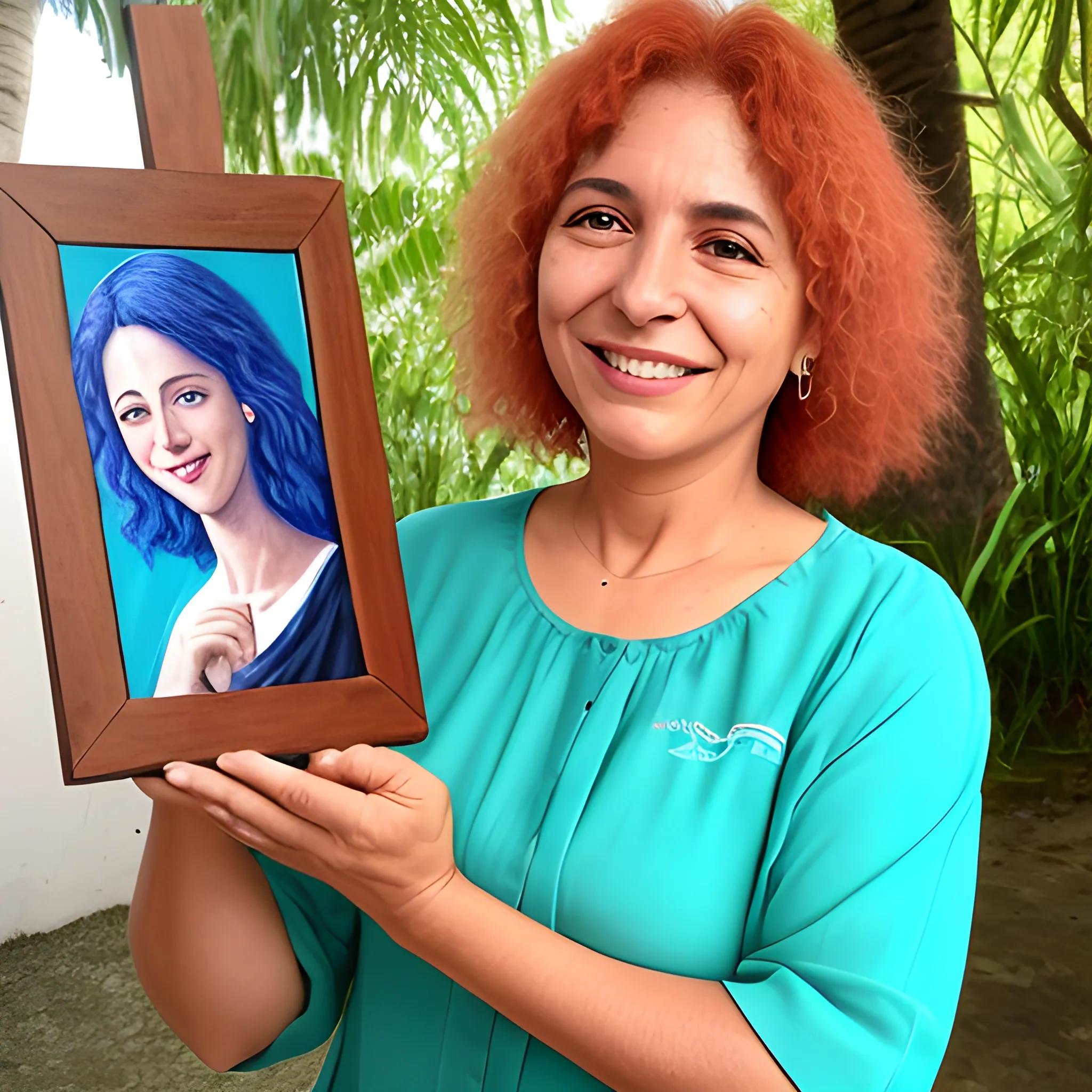 Uma jovem sorridente, de cabelos vermelhos e olhos expressivos, chamada Ana, é a assistente virtual da Artesanature. Sua personalidade cativante transmite alegria e entusiasmo ao se apresentar. Ela segura um tablet em suas mãos, com a tela exibindo o texto 'Olá! Eu sou Ana, a assistente virtual da Artesanature. Estou aqui para te apresentar a nossa empresa e nossas ideias.' O fundo é decorado com elementos naturais, como flores e folhas, refletindo a conexão da Artesanature com a natureza
