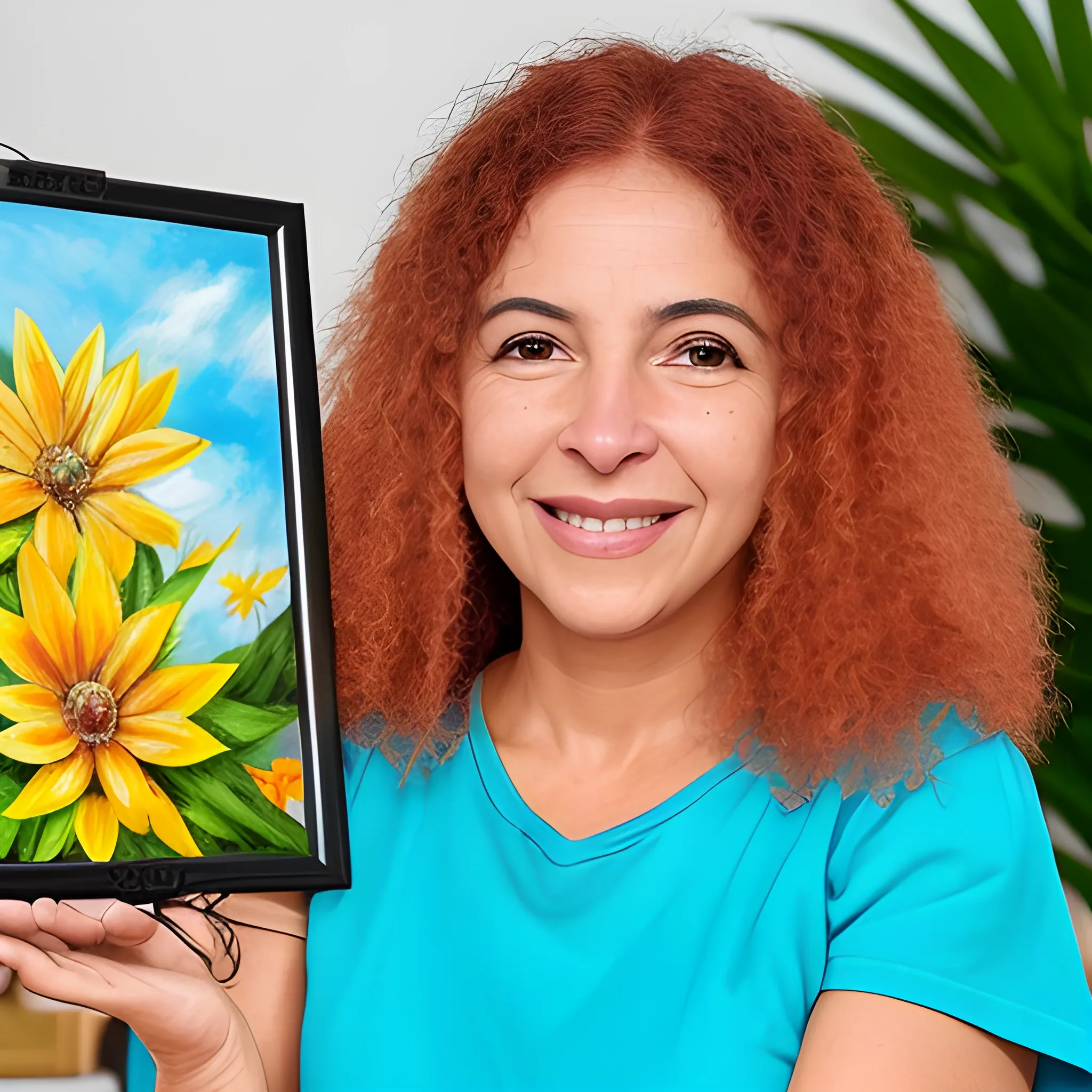 Uma jovem sorridente, de cabelos vermelhos e olhos expressivos, chamada Ana, é a assistente virtual da Artesanature. Sua personalidade cativante transmite alegria e entusiasmo ao se apresentar. Ela segura um tablet em suas mãos, com a tela exibindo o texto 'Olá! Eu sou Ana, a assistente virtual da Artesanature. Estou aqui para te apresentar a nossa empresa e nossas ideias.' O fundo é decorado com elementos naturais, como flores e folhas, refletindo a conexão da Artesanature com a natureza
