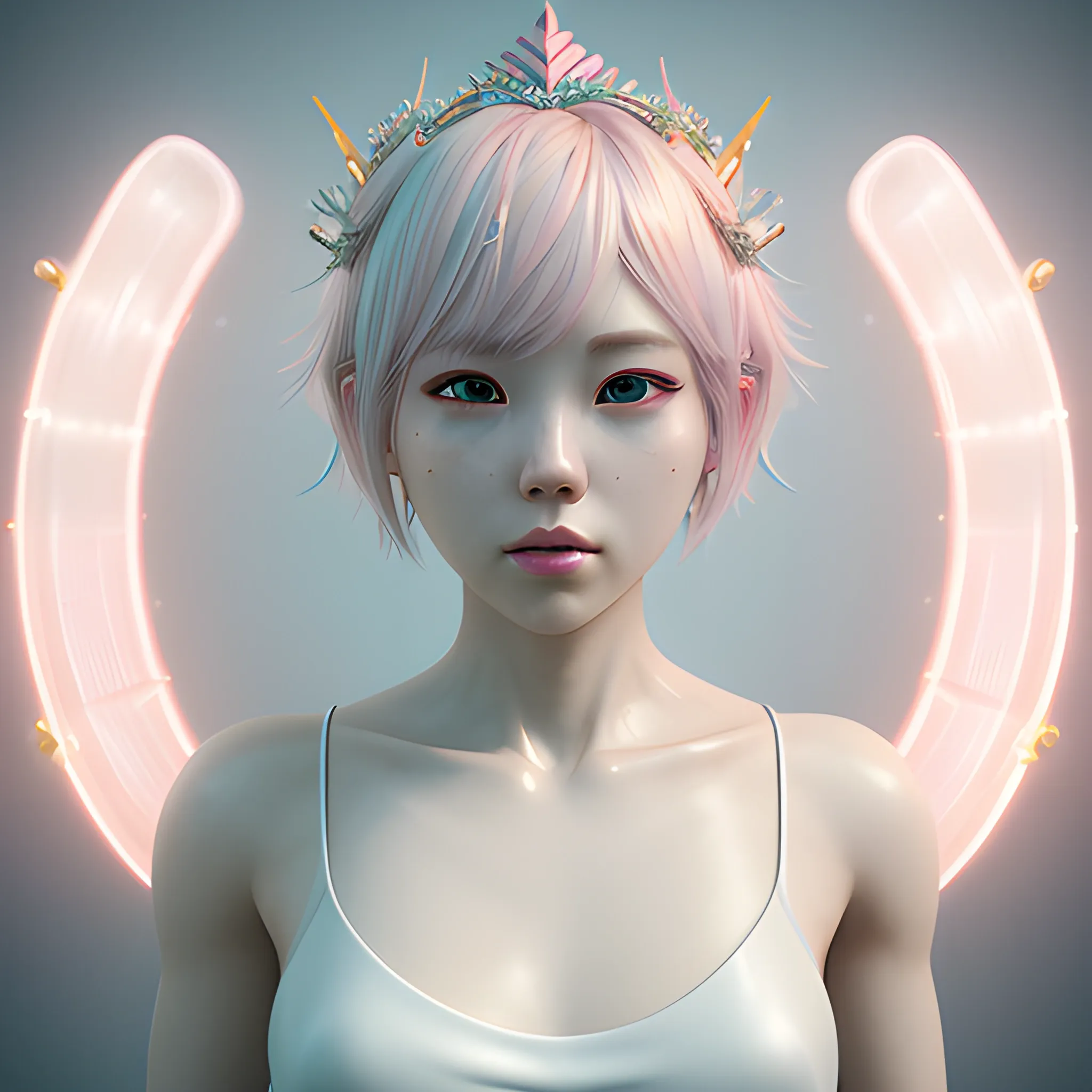 Best Quality, Masterpiece, Ultra HD, Realism, Skin Detail, Korean, Bangs, semi Short Hair, Light white Pink Hair Color, up body, close up, wear croptop, mermaid rainbow, bride crown, Beautiful Lighting, Dynamic Lighting, Zbrush Sculpt, Trippy, 3D