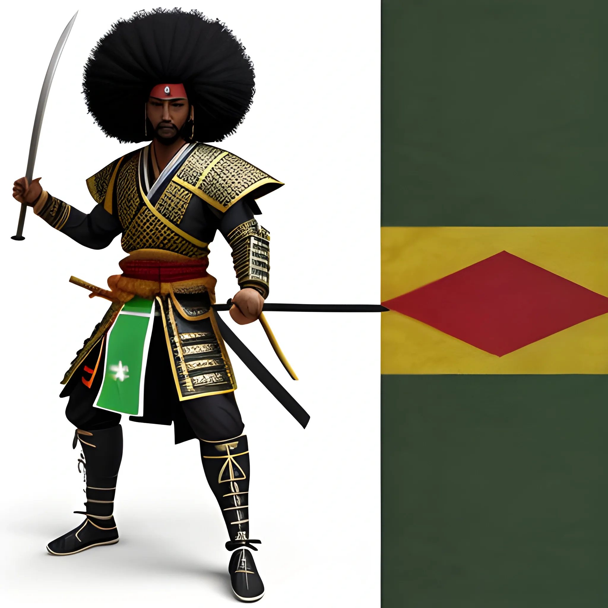 , 3D black samurai with afro wearing an Ethiopian flag on his waist with his sword drawn.