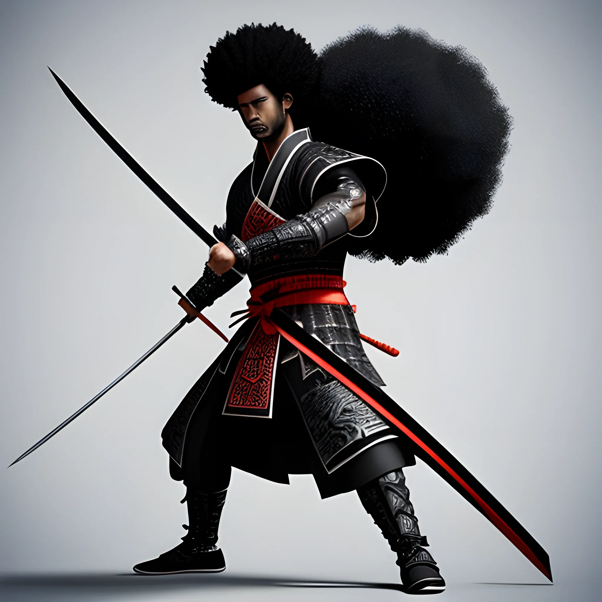, 3D black samurai with afro with his sword drawn.