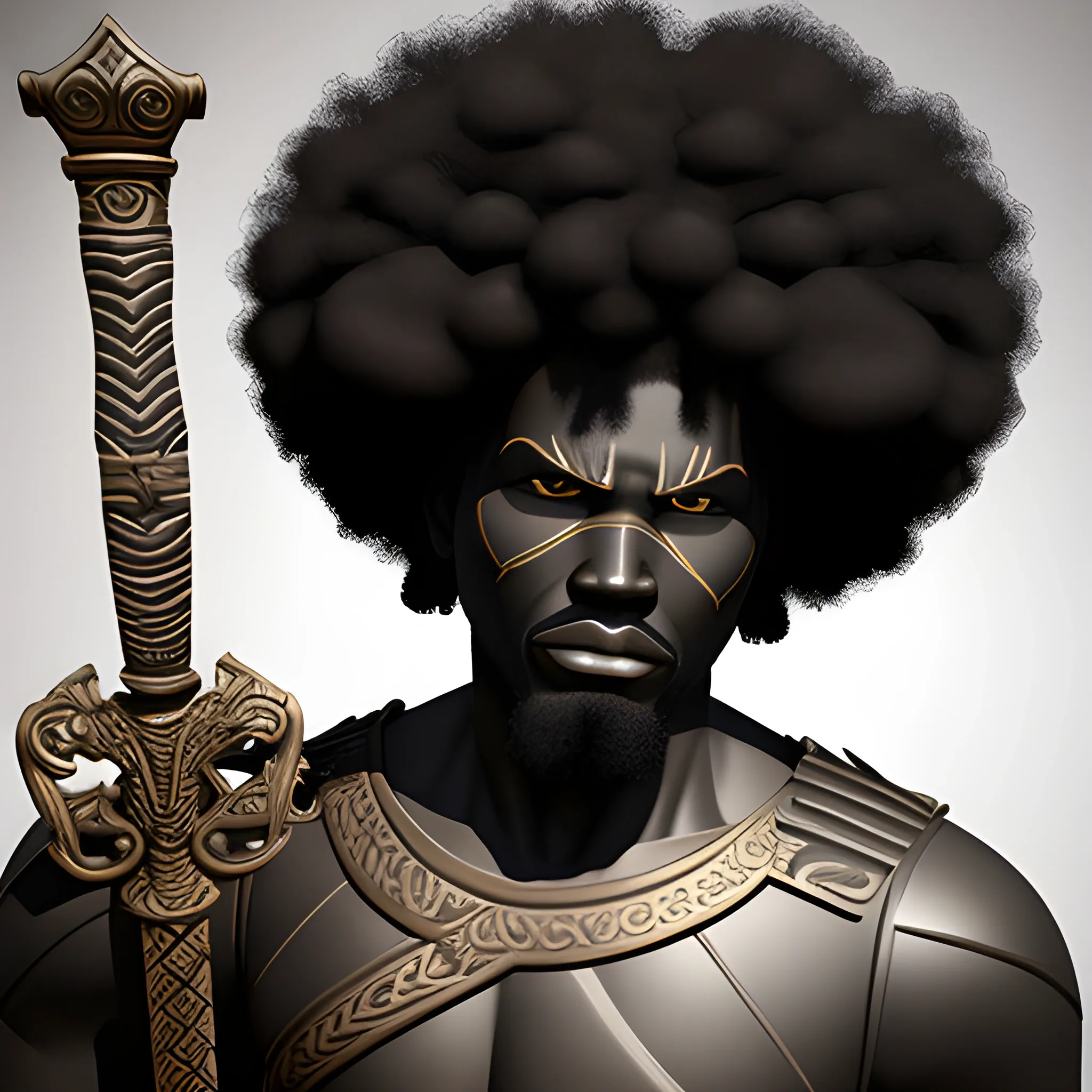 , 3D black warrior with afro with his sword drawn.
