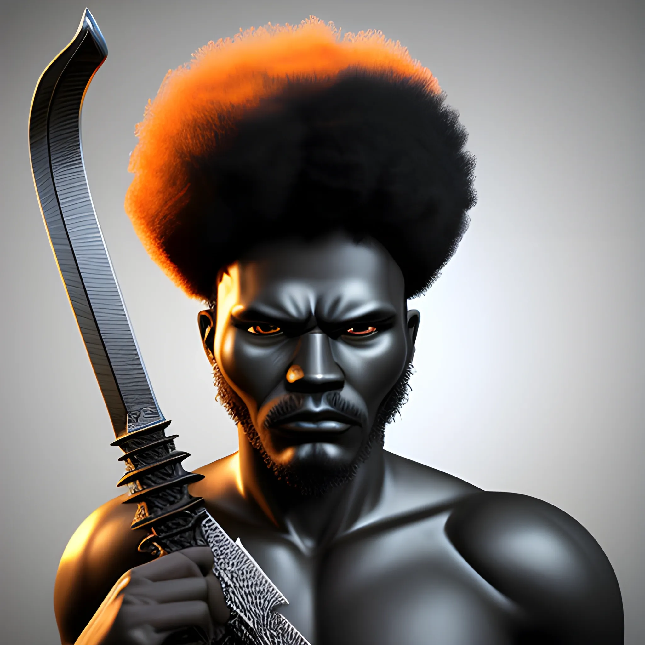 realistic black warrior with afro with his sword drawn, 3D.