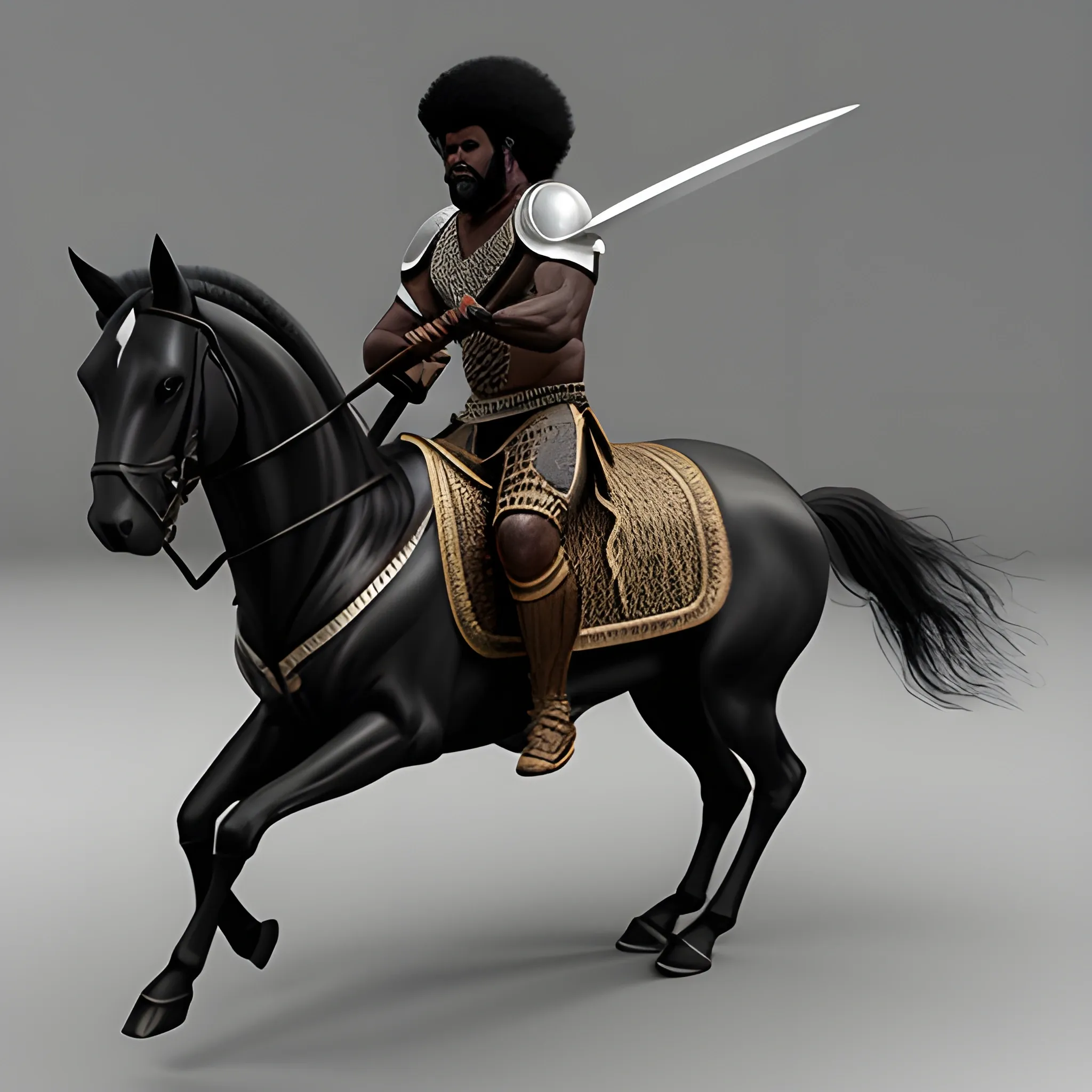 realistic black afro warrior with his sword drawn riding a black horse, 3D.