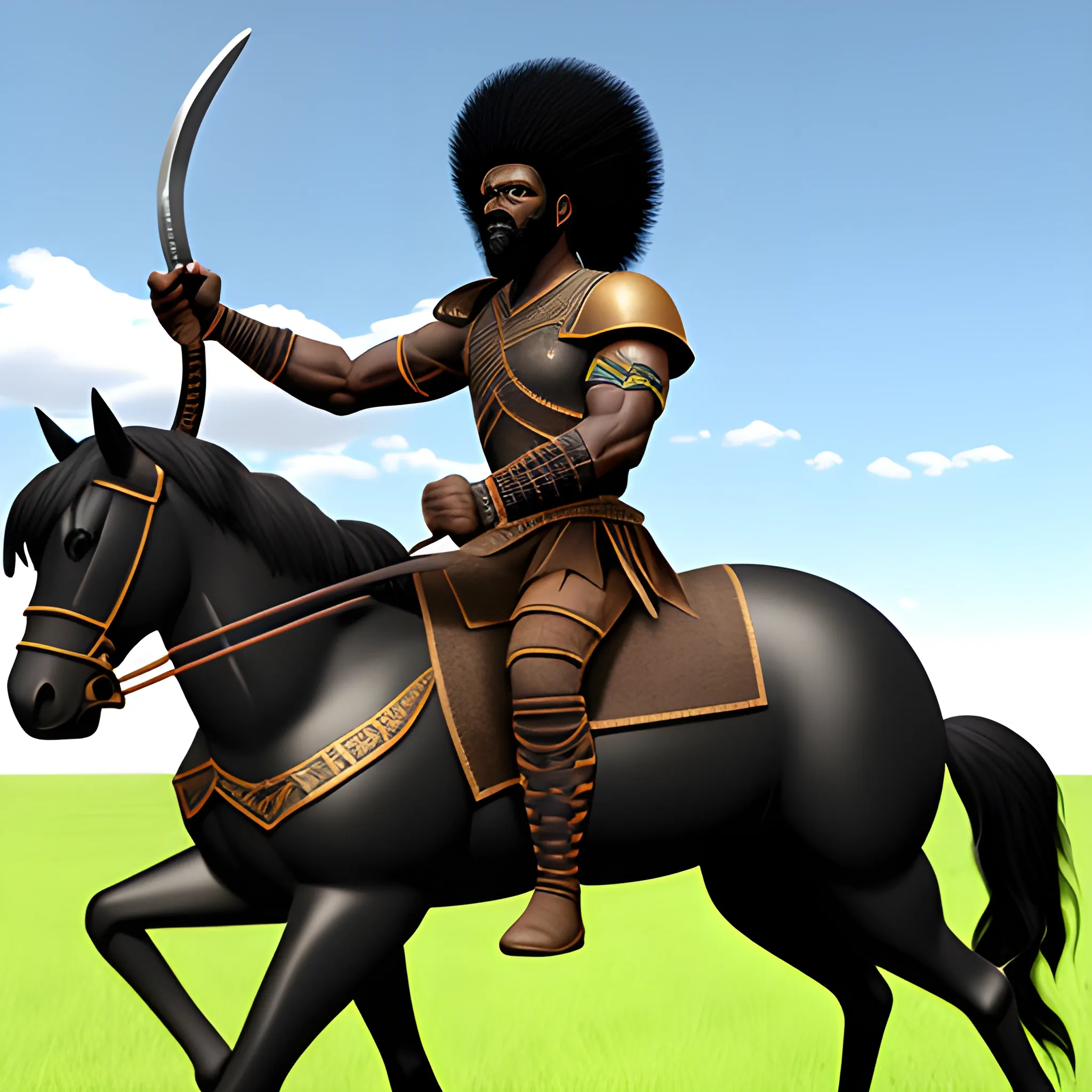 realistic black afro warrior with his sword drawn riding a black horse, 3D., Cartoon