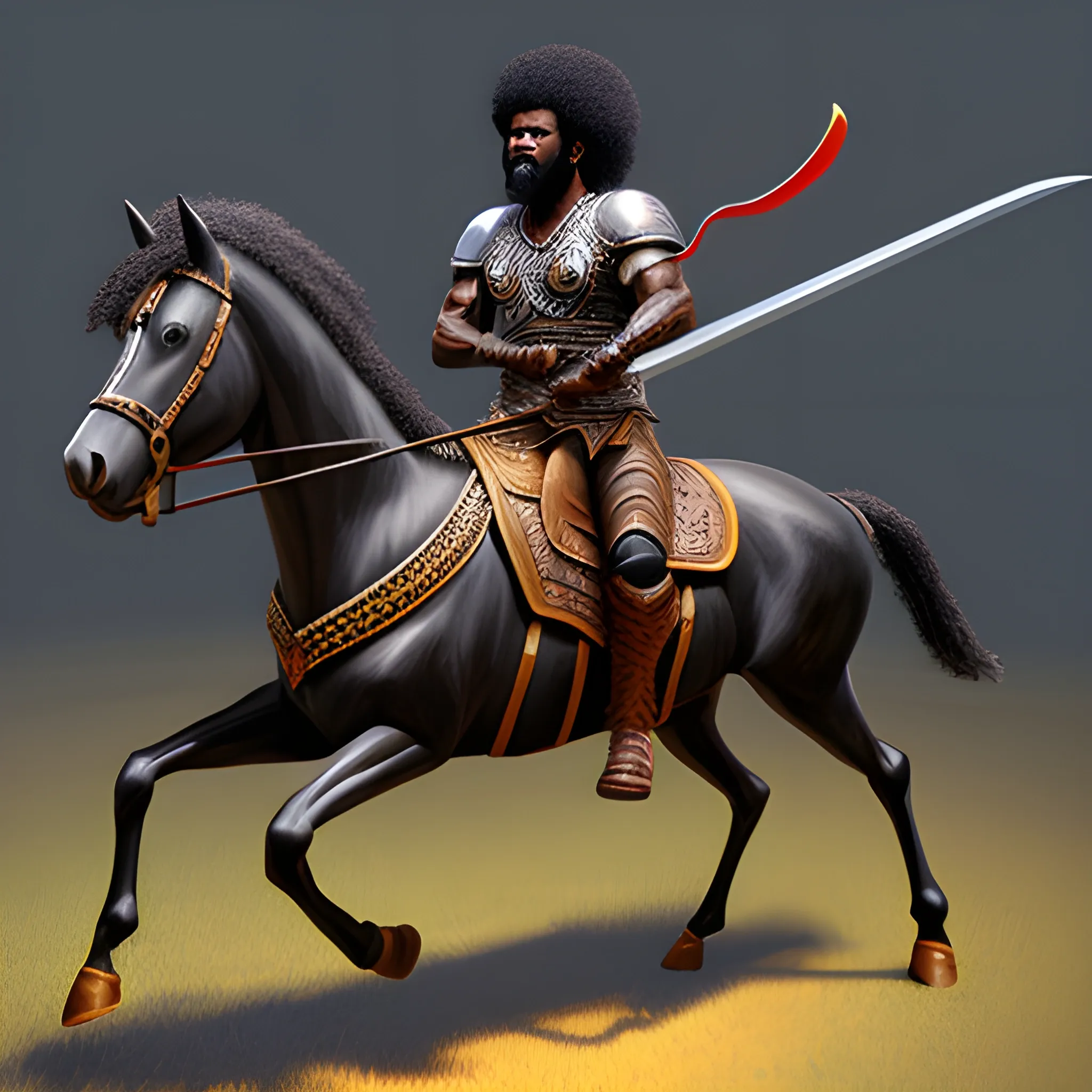 realistic black afro warrior with his sword drawn riding a black horse, 3D., Cartoon, Oil Painting