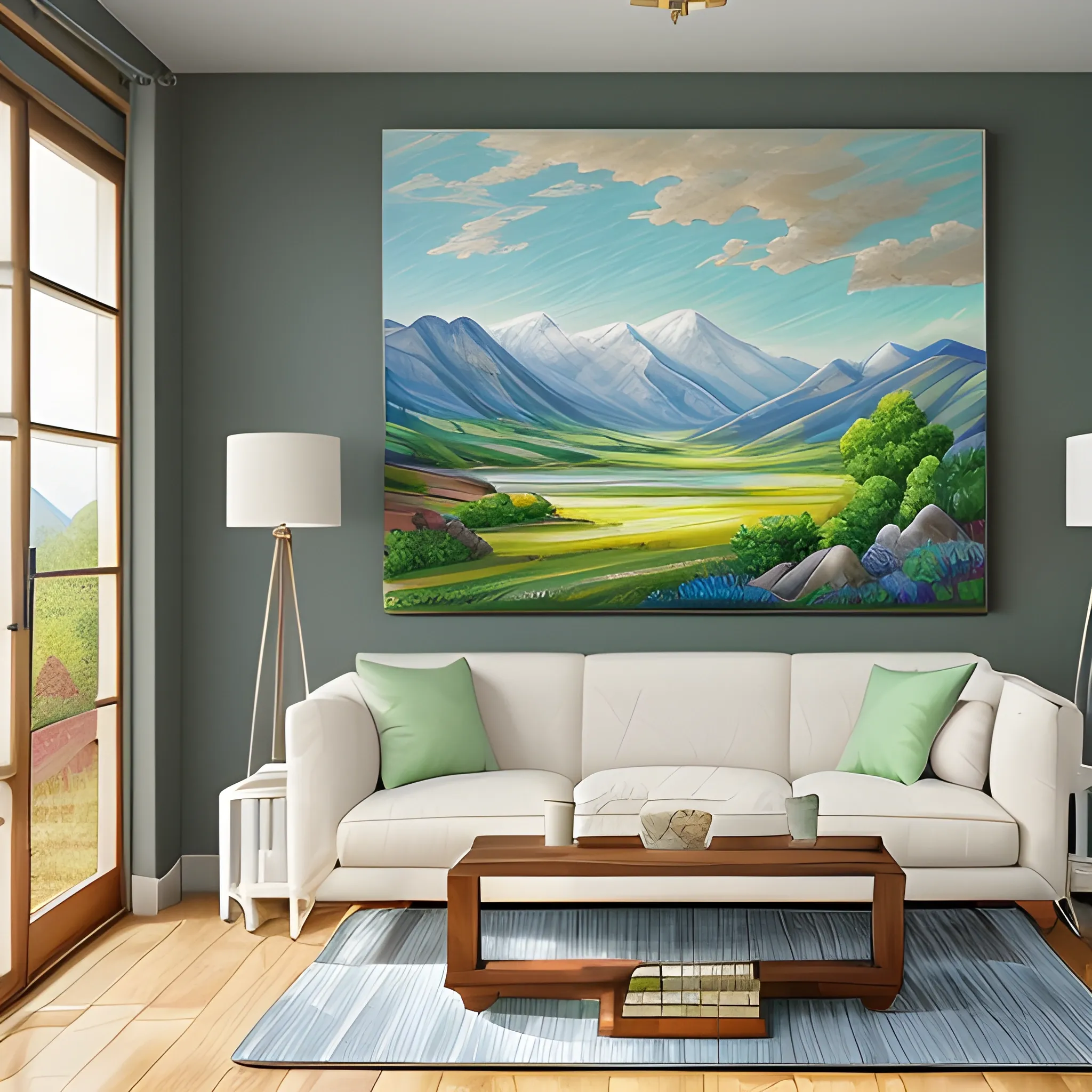 A breathtaking landscape painting can bring the beauty of nature into any room. Consider a serene and peaceful scene, such as a rolling countryside, a tranquil beach, or a majestic mountain range. The vibrant colors and sweeping vistas of a landscape painting can create a sense of calm and serenity in the space.-tile , Pencil Sketch