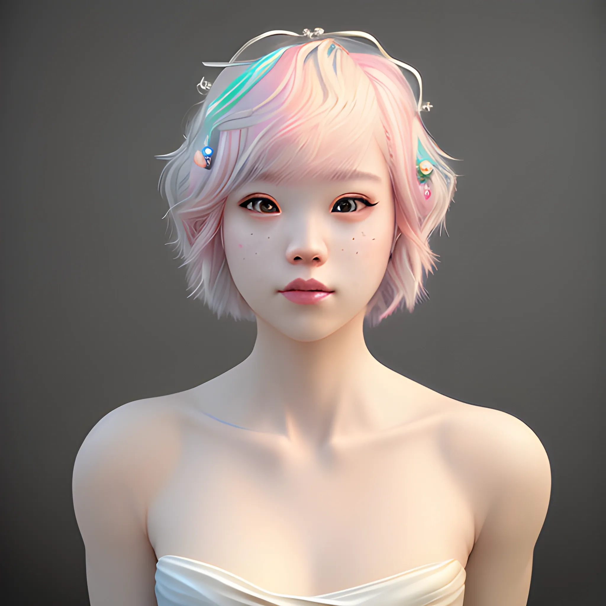 Best Quality, Masterpiece, Ultra HD, (Realism: 1.8), Skin Detail, Korean, Bangs, semi Short Hair, Light white Pink Hair Color, full body, mermaid rainbow, bride crown, Beautiful Lighting, Dynamic Lighting, Zbrush Sculpt