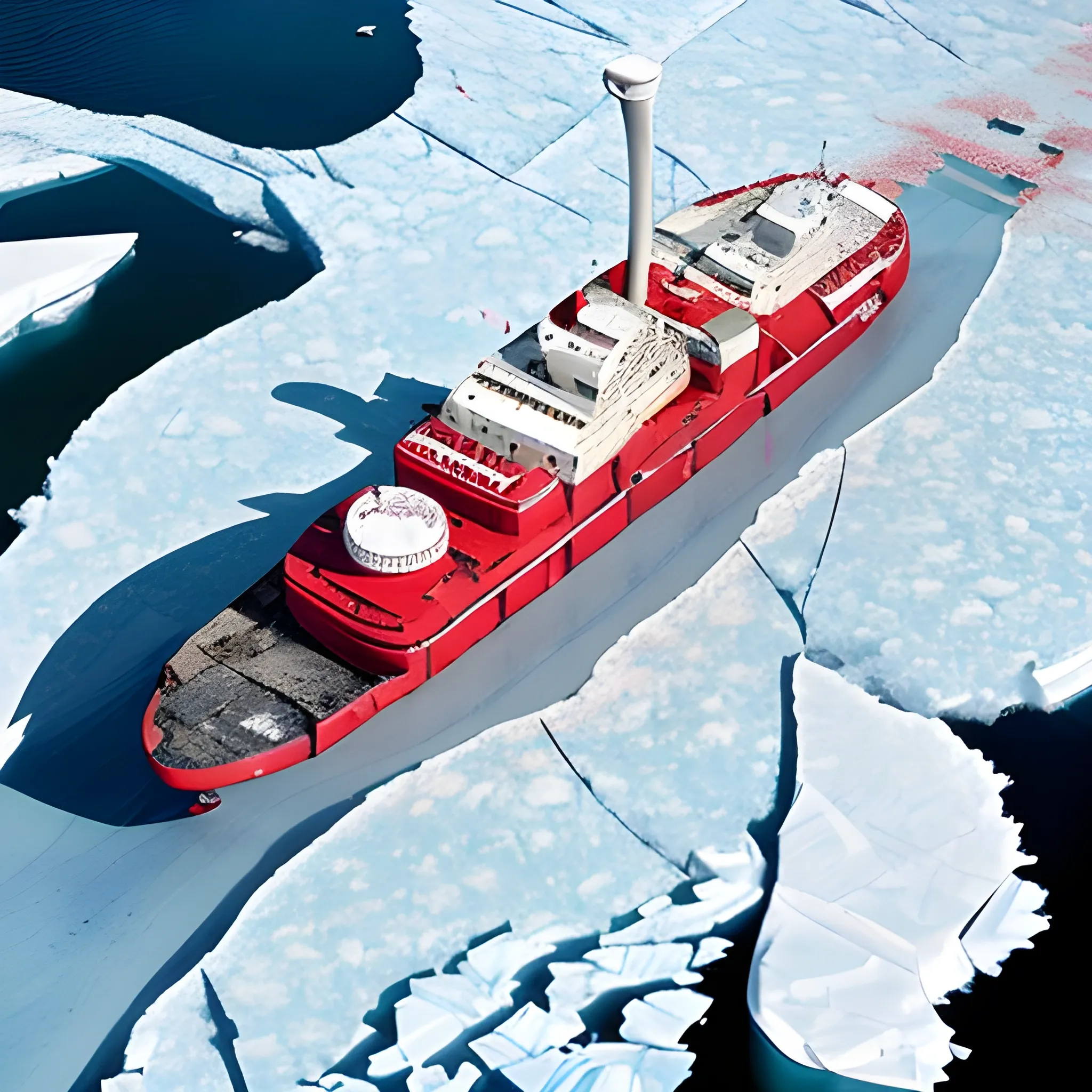 National Geographic magazine photo, overhead shot, a red icebreaker cuts through the ice covered Antarctic sea