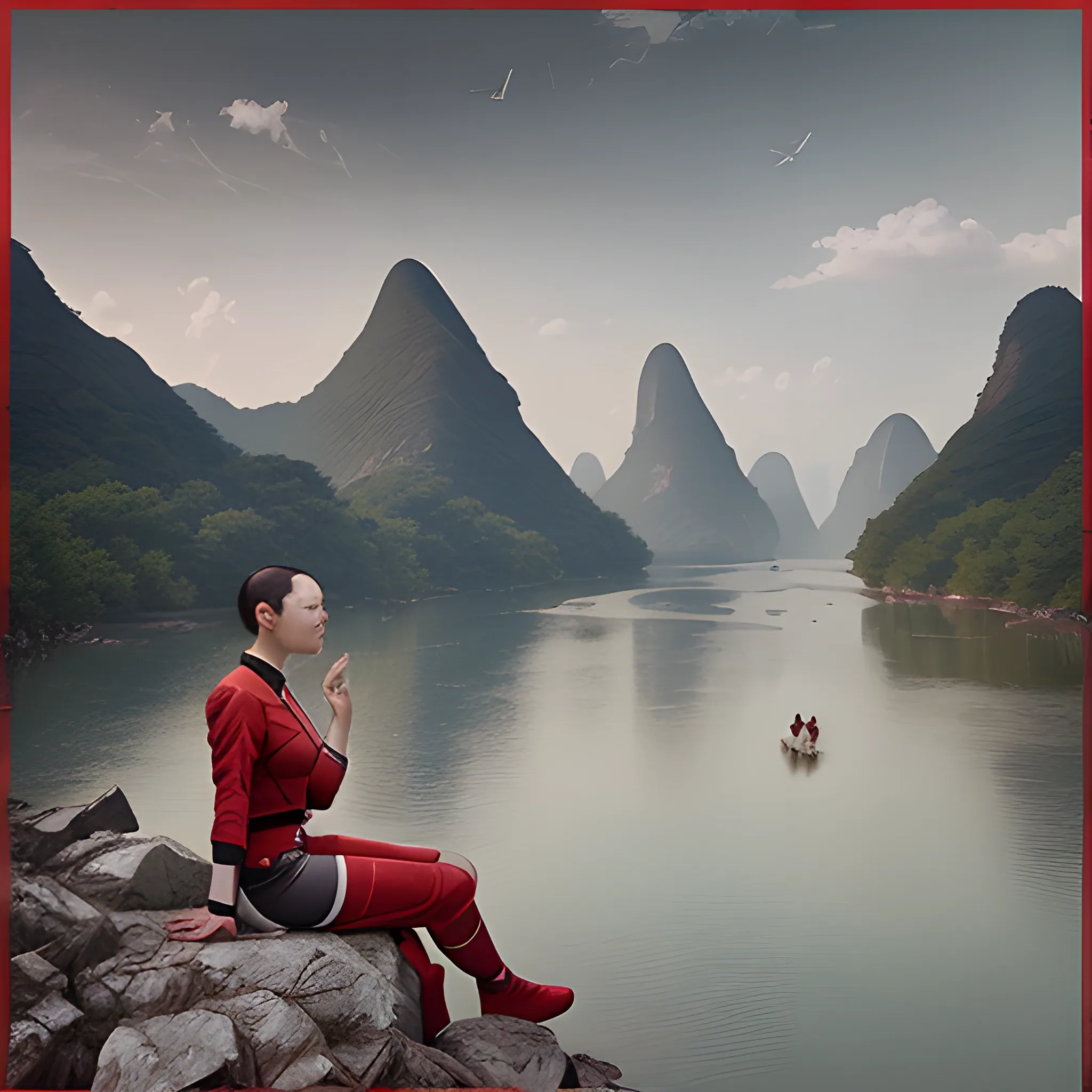 the gulin li river, in the style of joel meyerowitz, rendered in maya, pentax spotmatic sp, eve ventrue, giorgione, iban art, red and gray , by fuji film