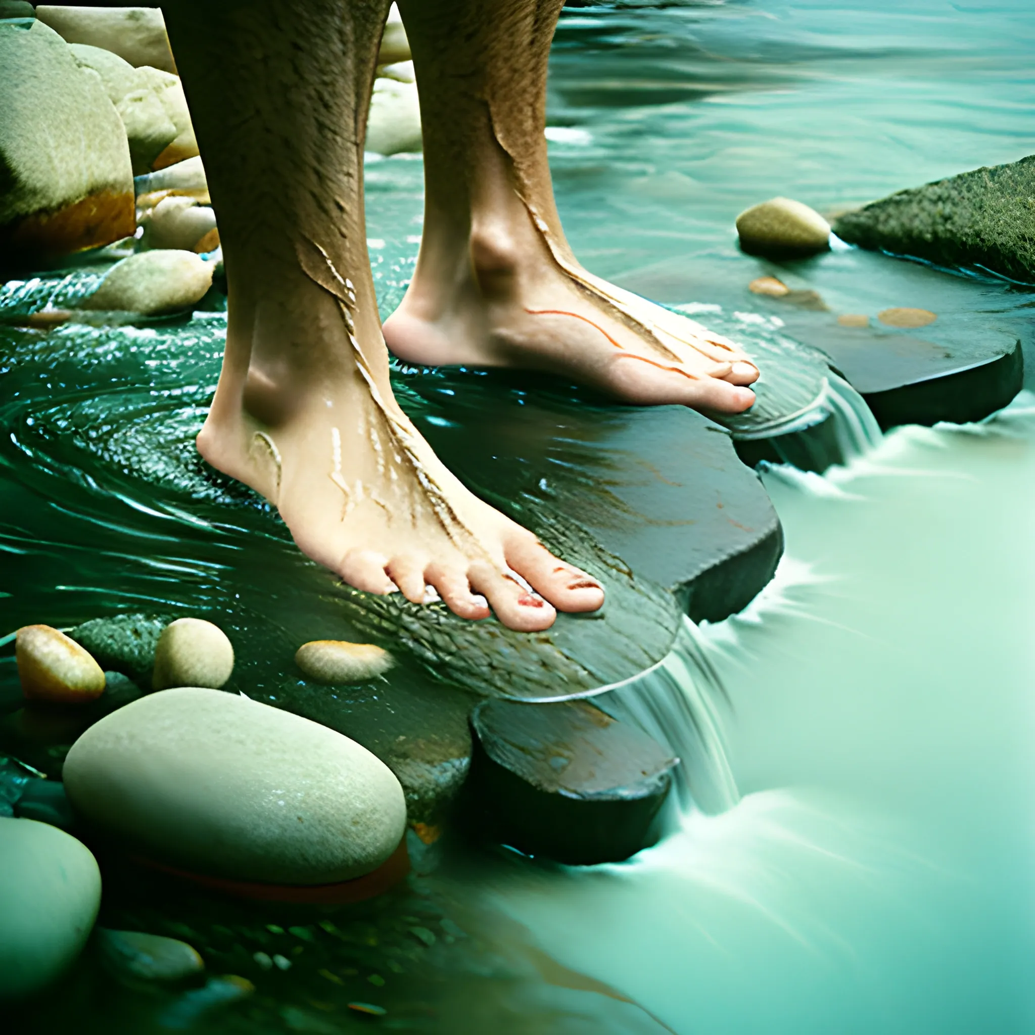 water flowing over person's feet, in the style of dreamscape portraiture, fujifilm natura 1600, childhood arcadias, close-up shots, shot on 70mm, raw texture, reflections