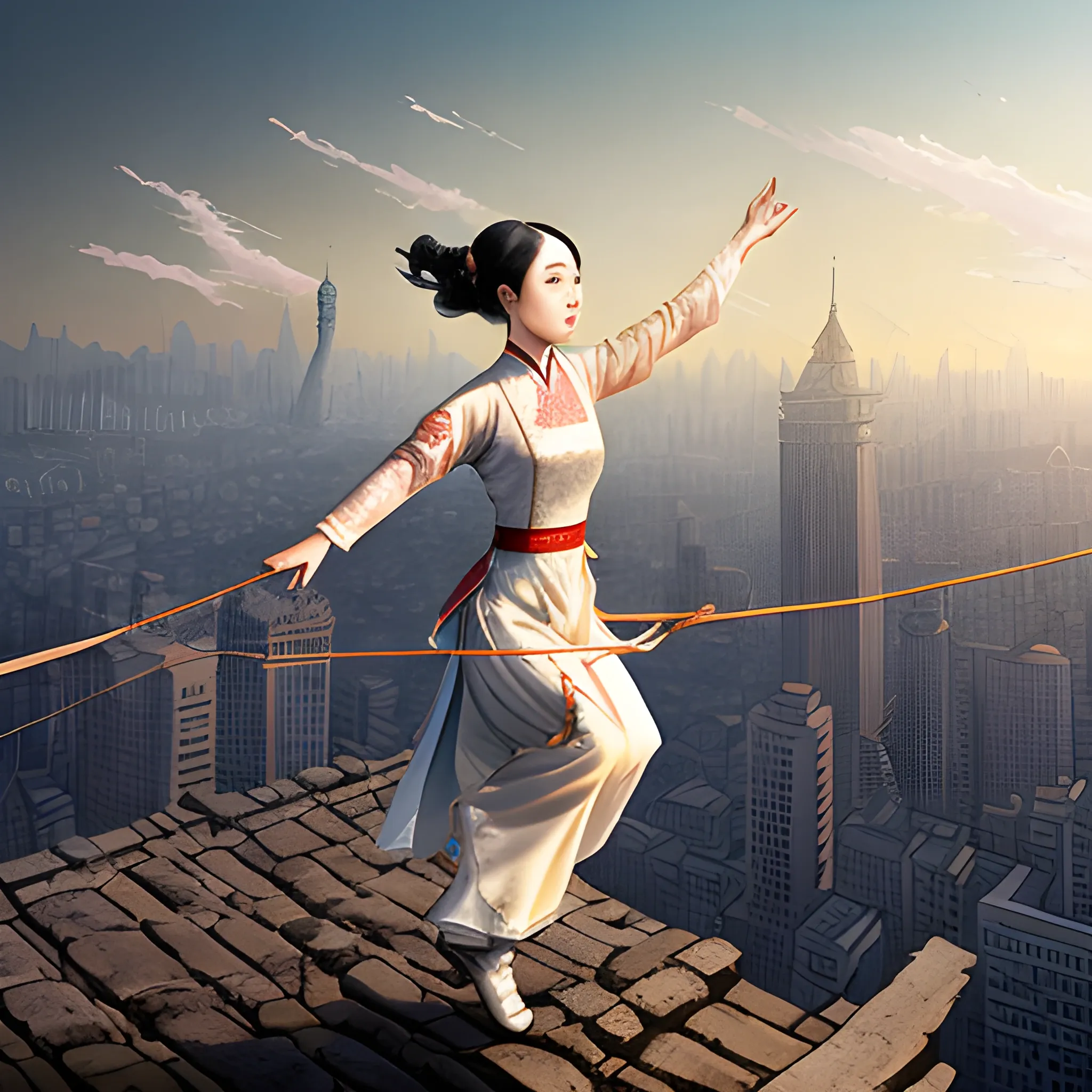 A chinese female tightrope walker wearing Hanfu, walking over the cityscape, hyperdetailed comic art, style of Norman Rockwell, 2d animation, volumetric lighting