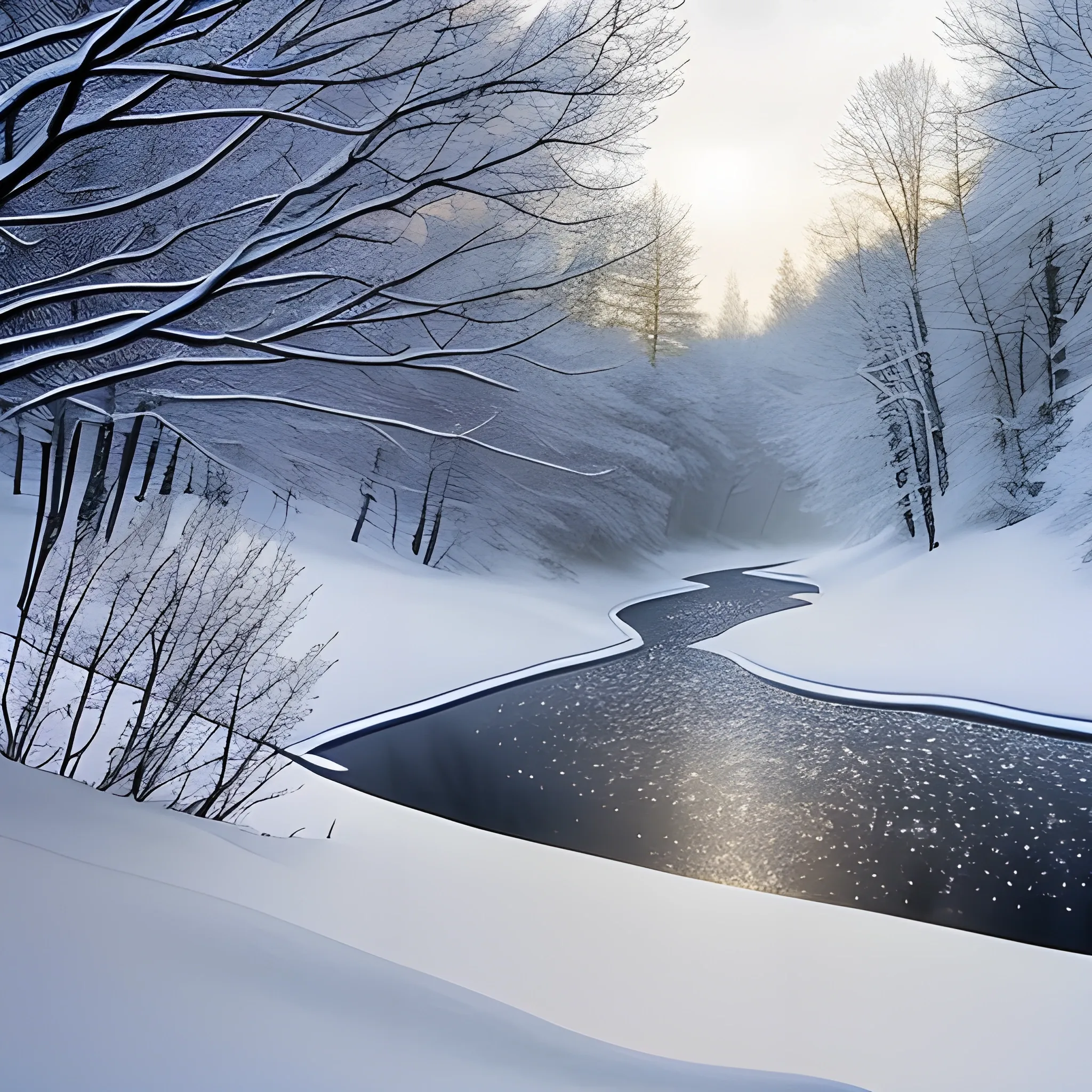 winter scenery, windy falling snow, snowy field with dark trees and a little river or lake in the middle, some white winter flowers, dark theme, sunrays between the trees