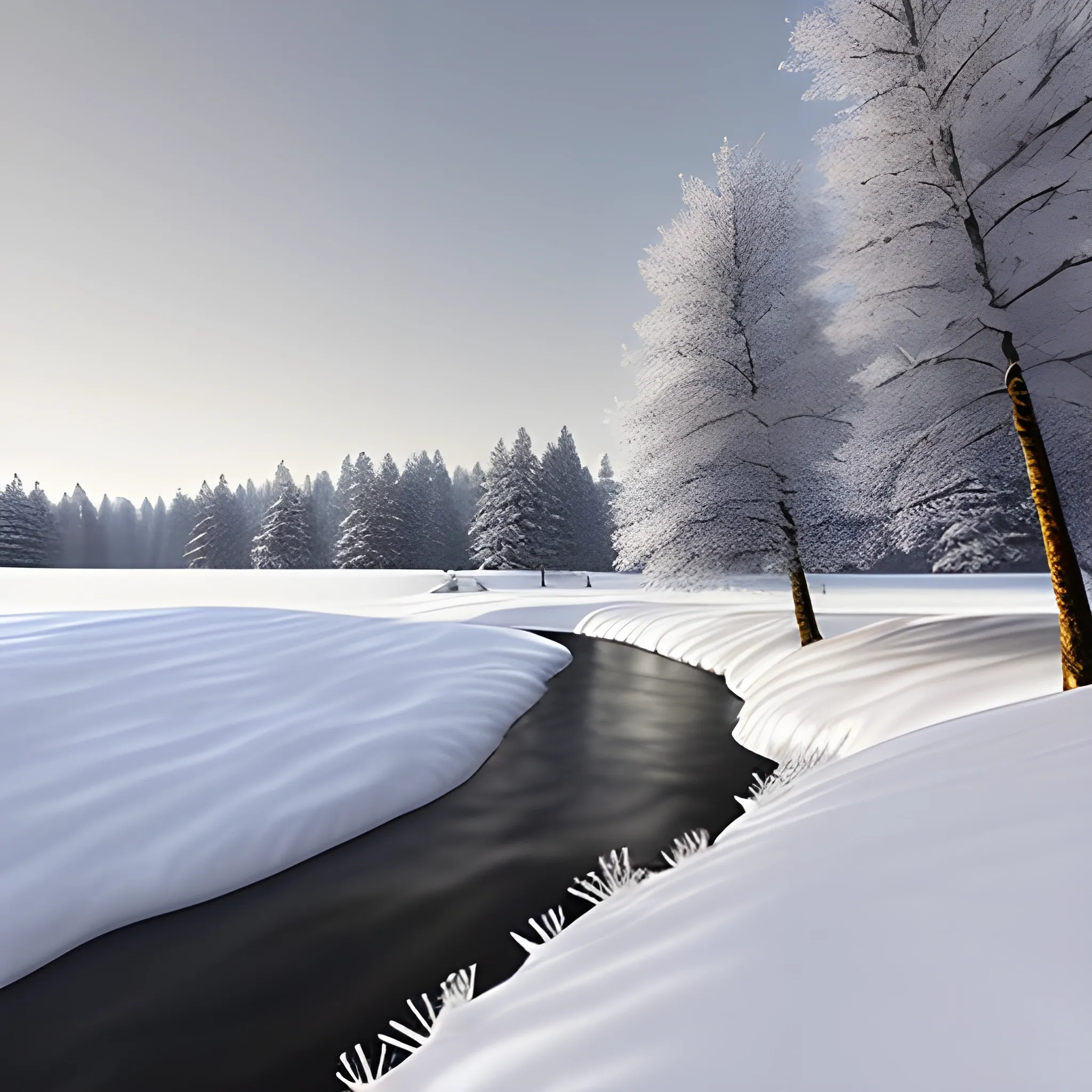 winter scenery, windy falling snow, snowy field with dark trees and a little river or lake in the middle, some white winter flowers, dark theme, sunrays between the trees, 3D