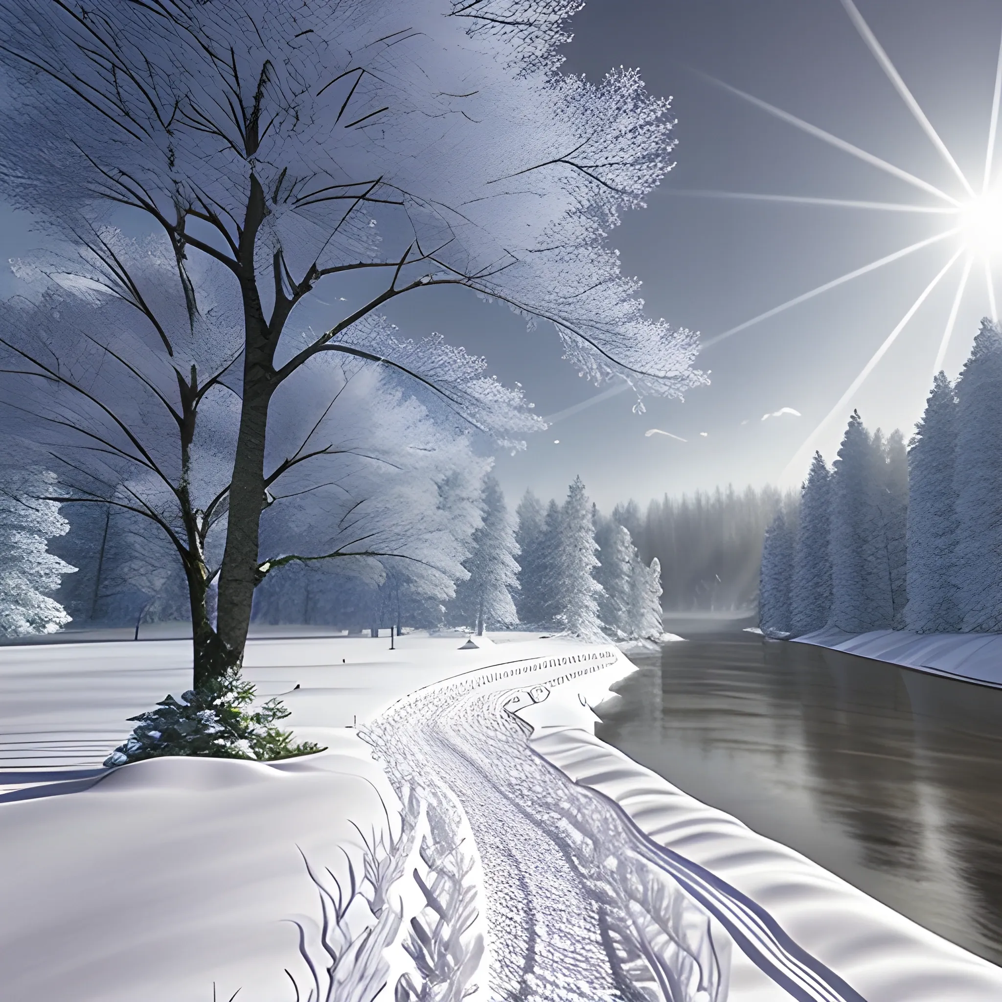 winter scenery, windy falling snow, snowy field with dark trees and a little river or lake in the middle, some white winter flowers, dark forest theme, sunrays between the trees, 3D