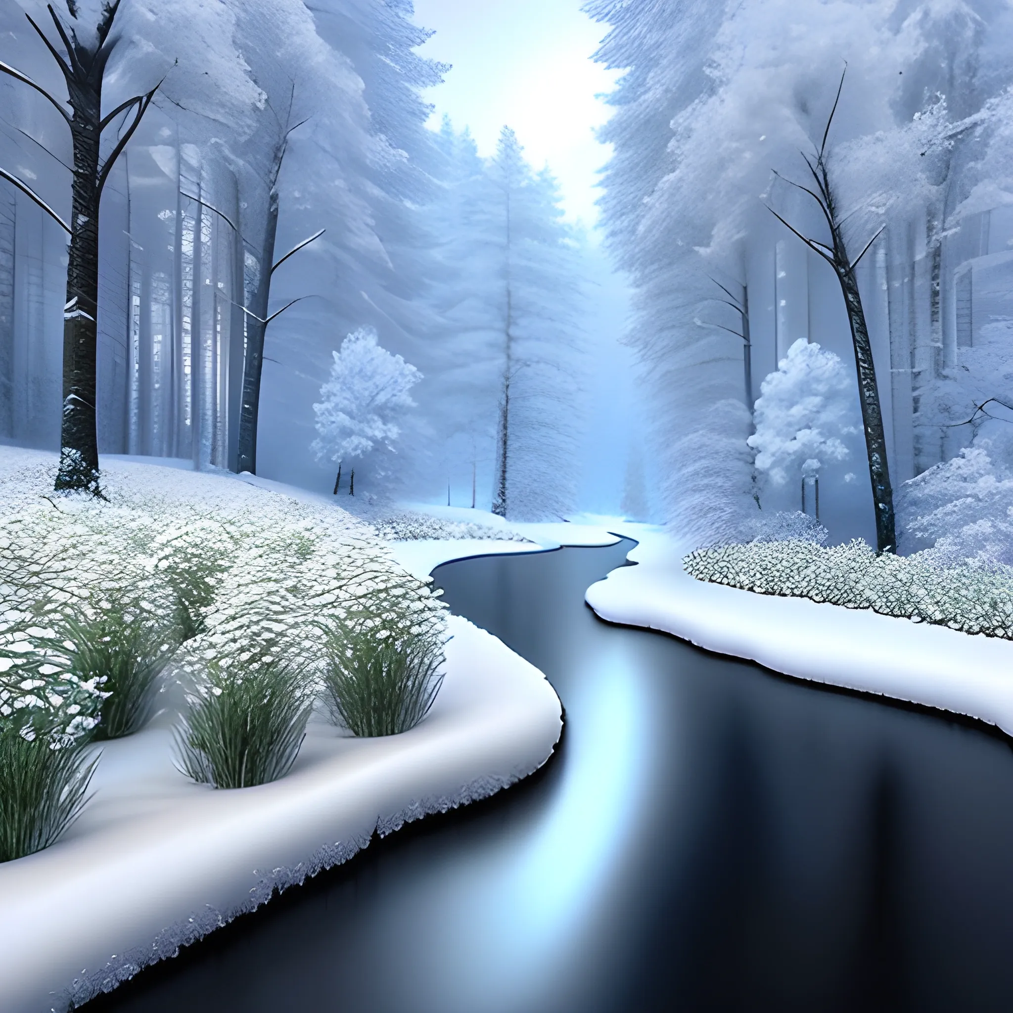 winter scenery, windy falling snow, snowy field with dark trees and a little river or lake in the middle, some white winter flowers, dark forest theme, sunrays between the trees, 3D, Trippy
