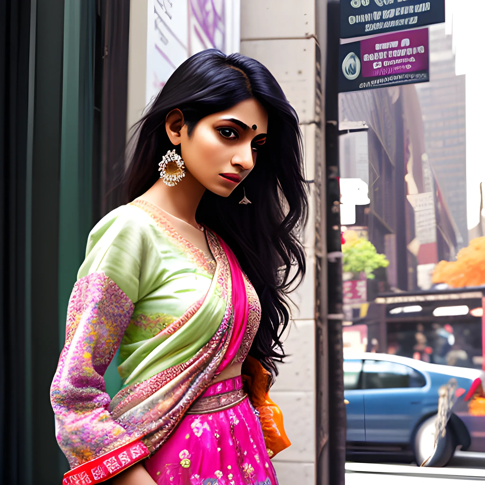 beautiful off-duty gujarati model in new york city, impressionistic color palette, soft color blending, flowers