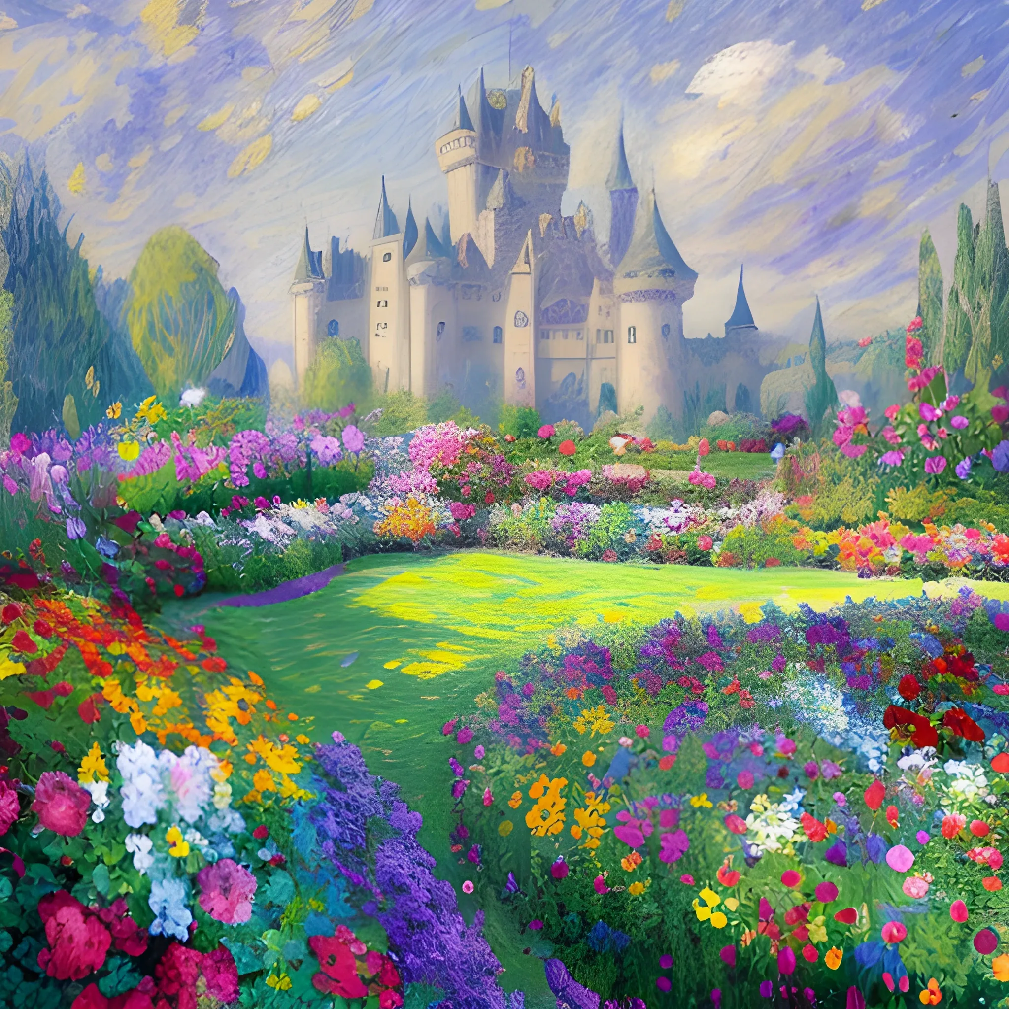 castle with a large flower garden, impressionistic color palette, soft color blending