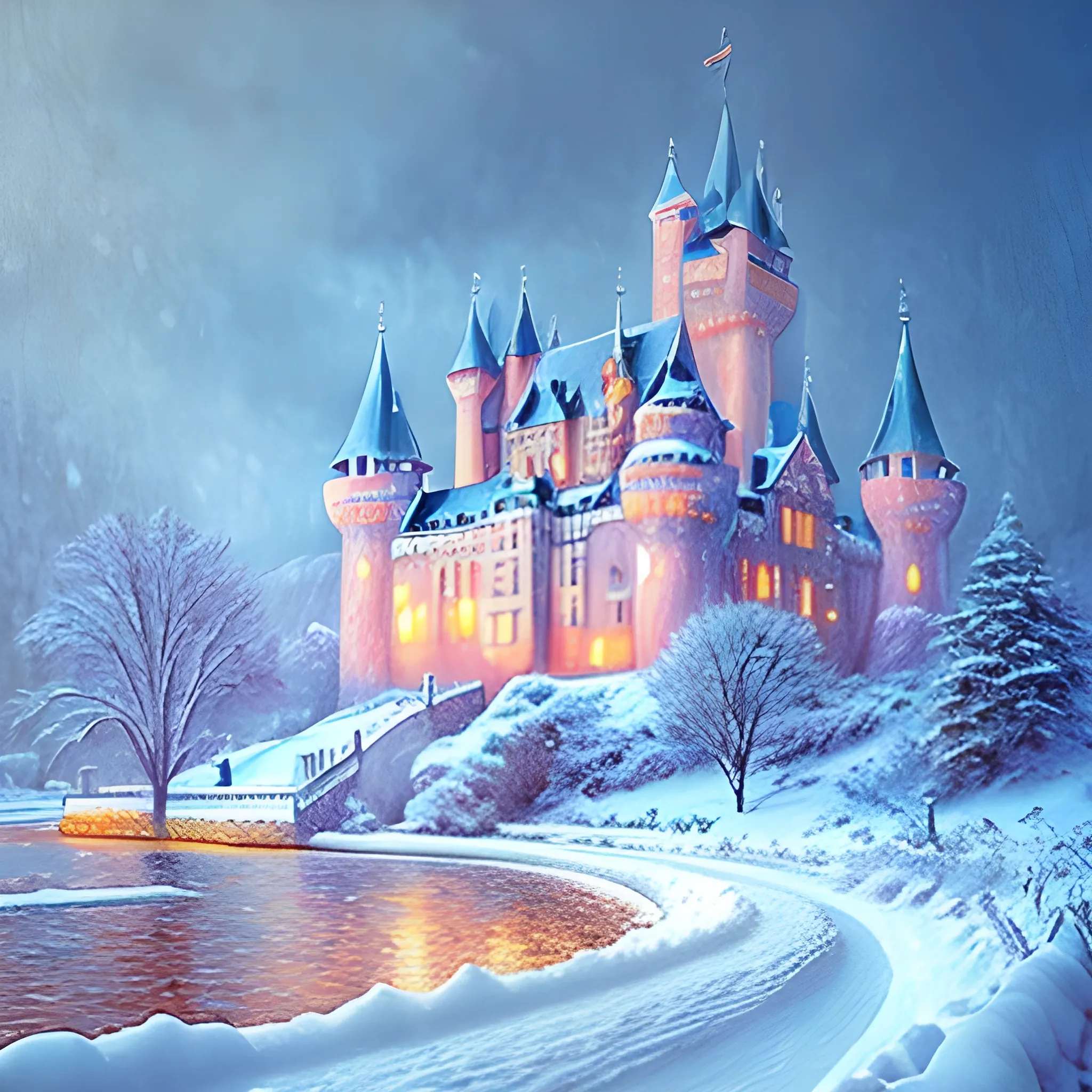 beautiful castle covered in snow, impressionistic color palette, soft color blending