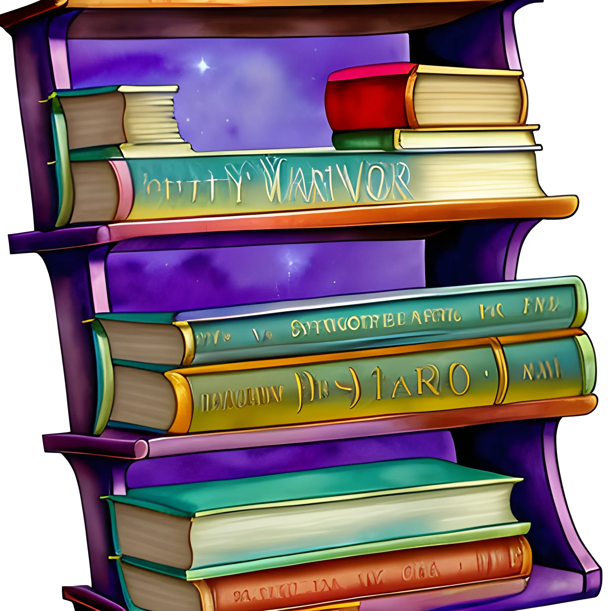 Watercolor Fantasy Books Clipart - galaxy wizard book stacks and shelves