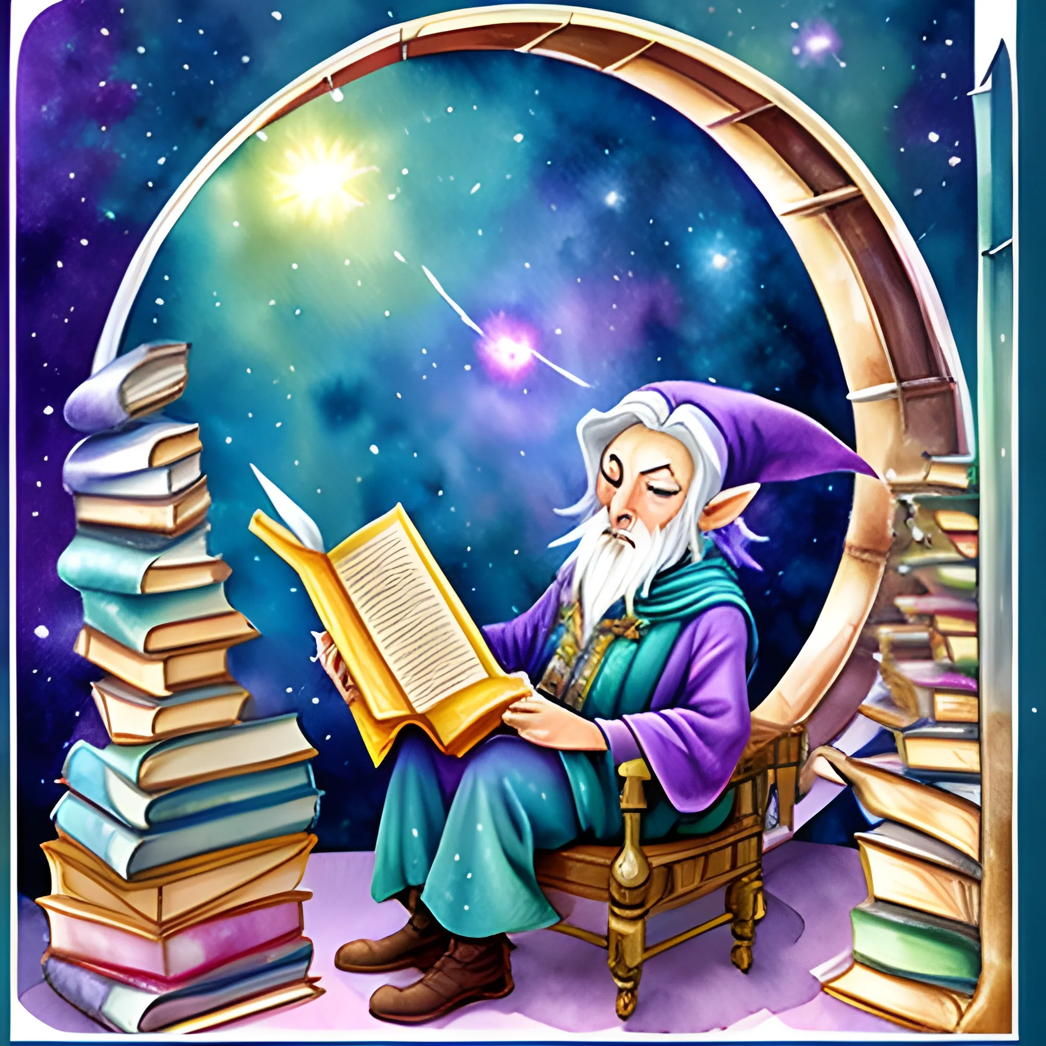 
Watercolor Fantasy Books Clipart - galaxy wizard is trying to read a spell from books, book stacks and shelves, magical power books, wizard room.
