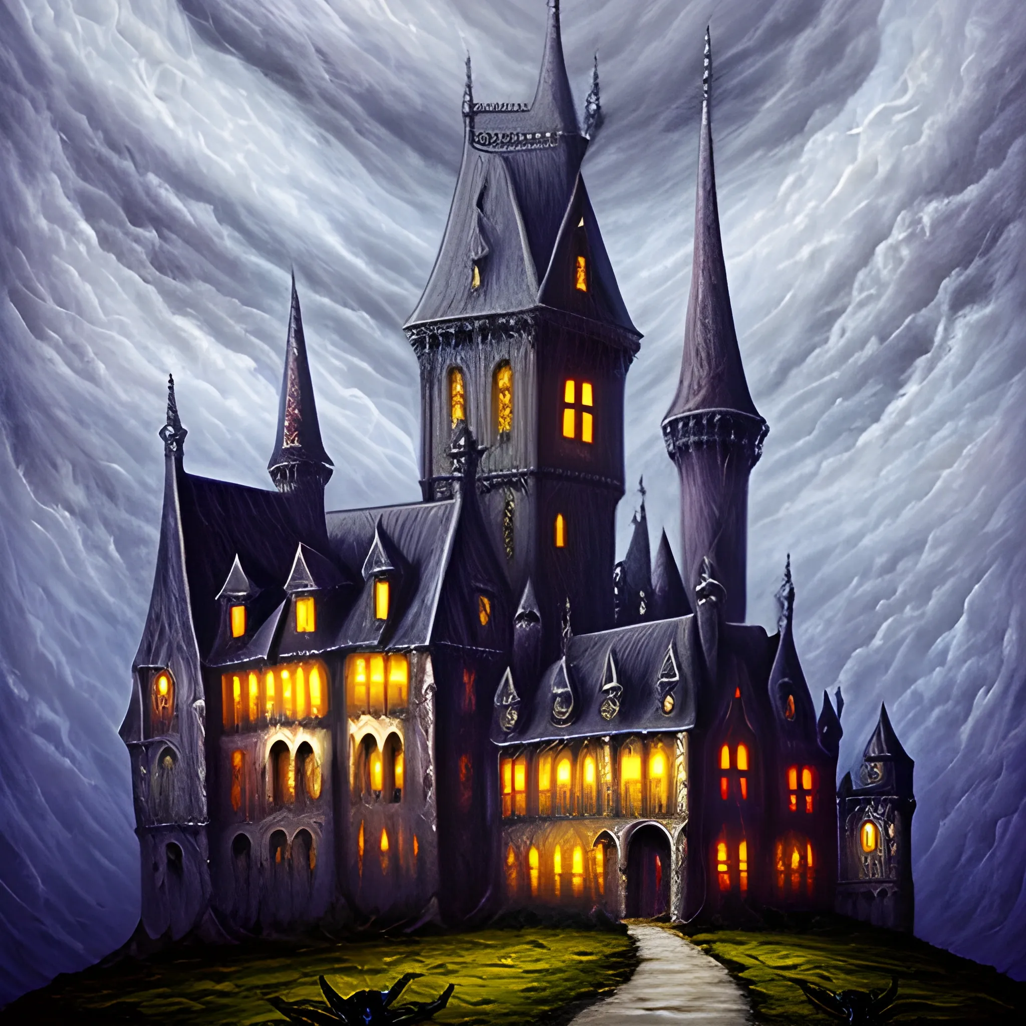 gothic haunted castle, Oil Painting