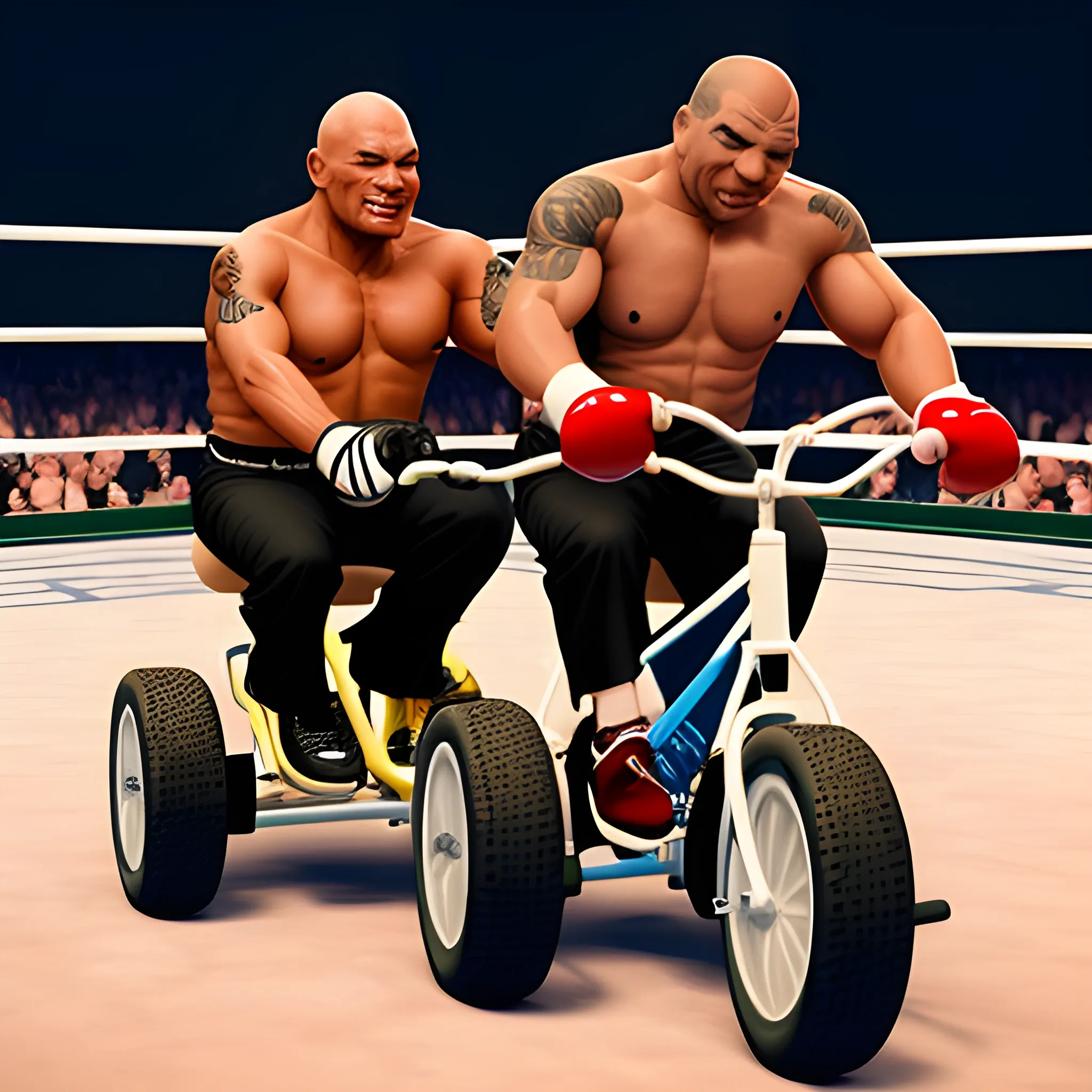 happy mike Tyson and boxer Muhammad Ali racing with each other on tricycles ., 3D, Cartoon, 4k, 