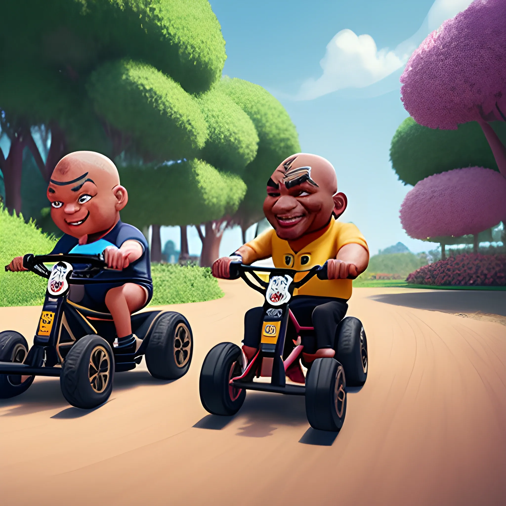 happy mike Tyson and Khabib racing with each other on tricycles in the fantasy land., 3D, Cartoon, 4k, 