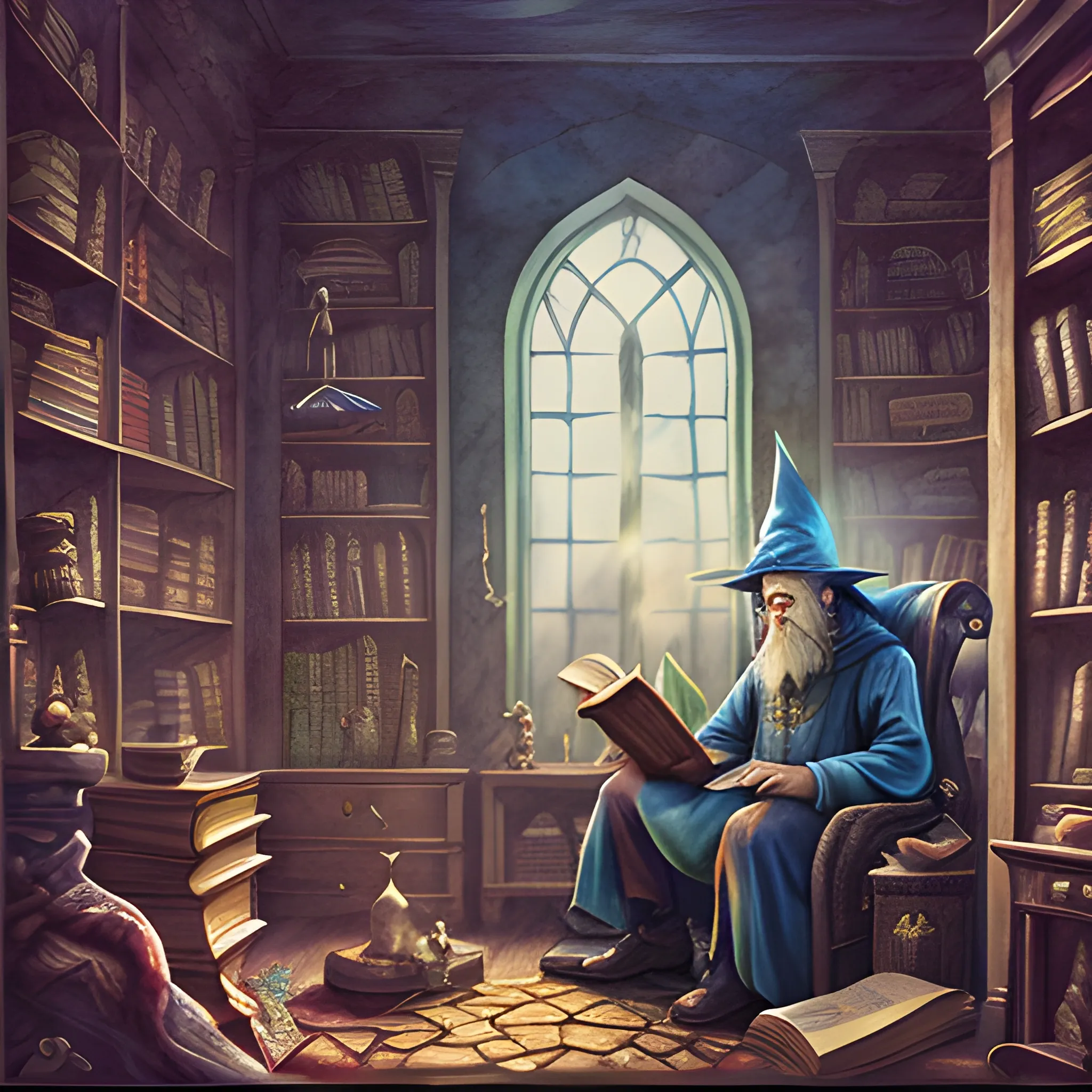 wizard i reading his secret magical book in his magical room while evil witch is sneaking upon him., Water Color, 4k