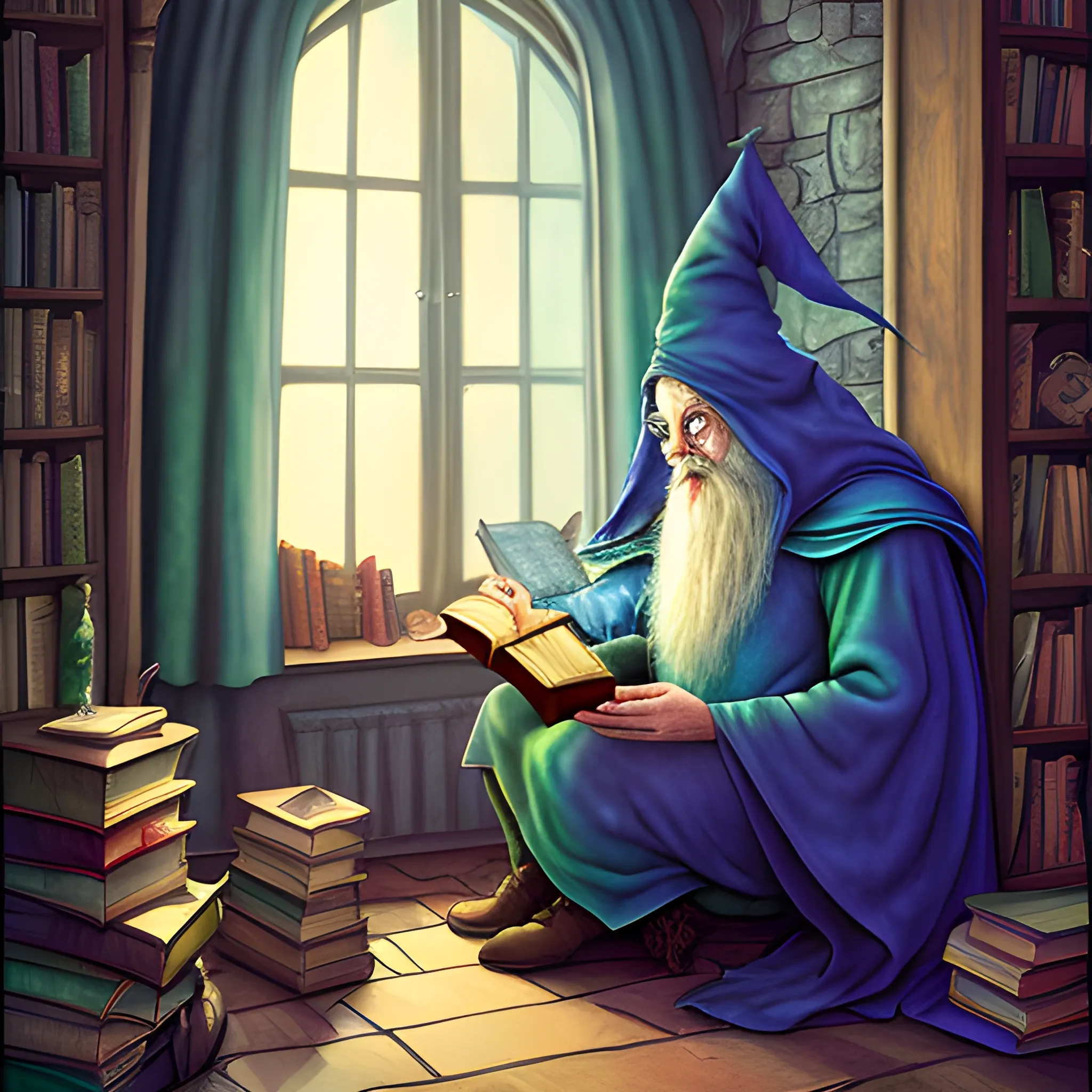 wizard i reading his secret magical book in his magical room while evil witch is sneaking upon him from the window, Water Color, 4k