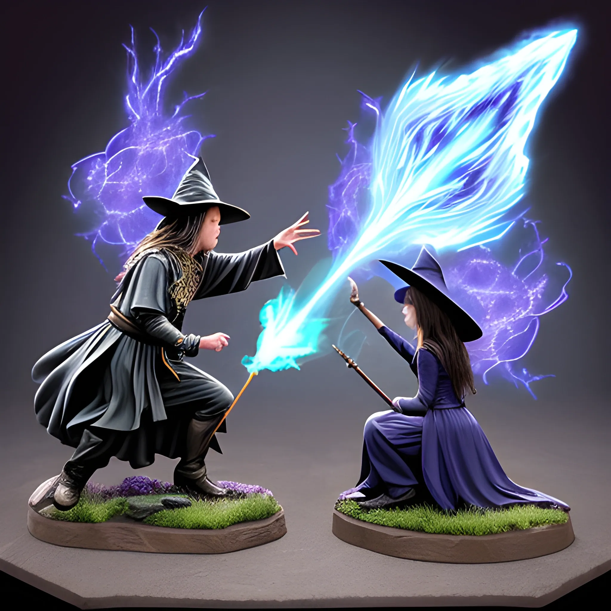wizard shooting spell on witch, , Wizard fighting a witch , very high detail, wizard vs witch, sharp, 32k