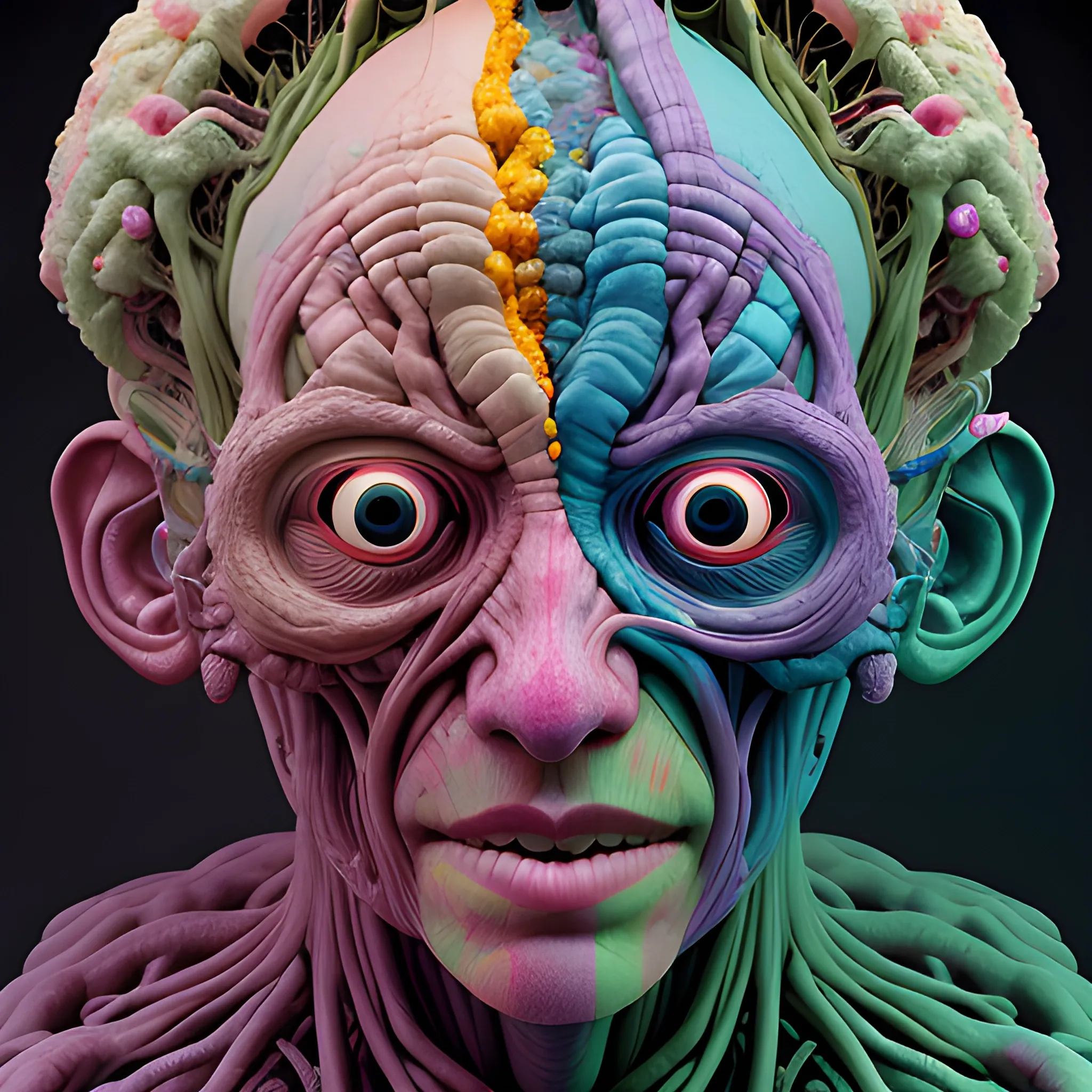 insides of a human head explode outward as a huge mass of coloured powder, hyperrealistic, medical photography, anatomically correct, realistic textures, 8 k, art by lee griggs, 