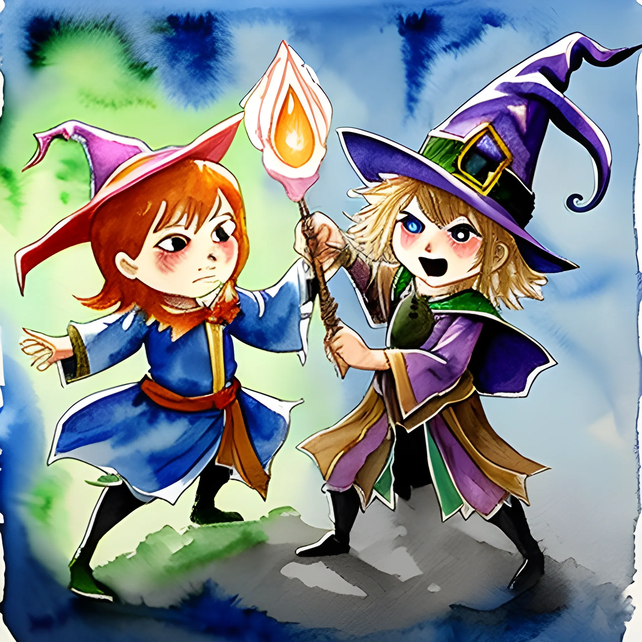 , Water Color, wizard vs witch, wizard fighting using spell on witch