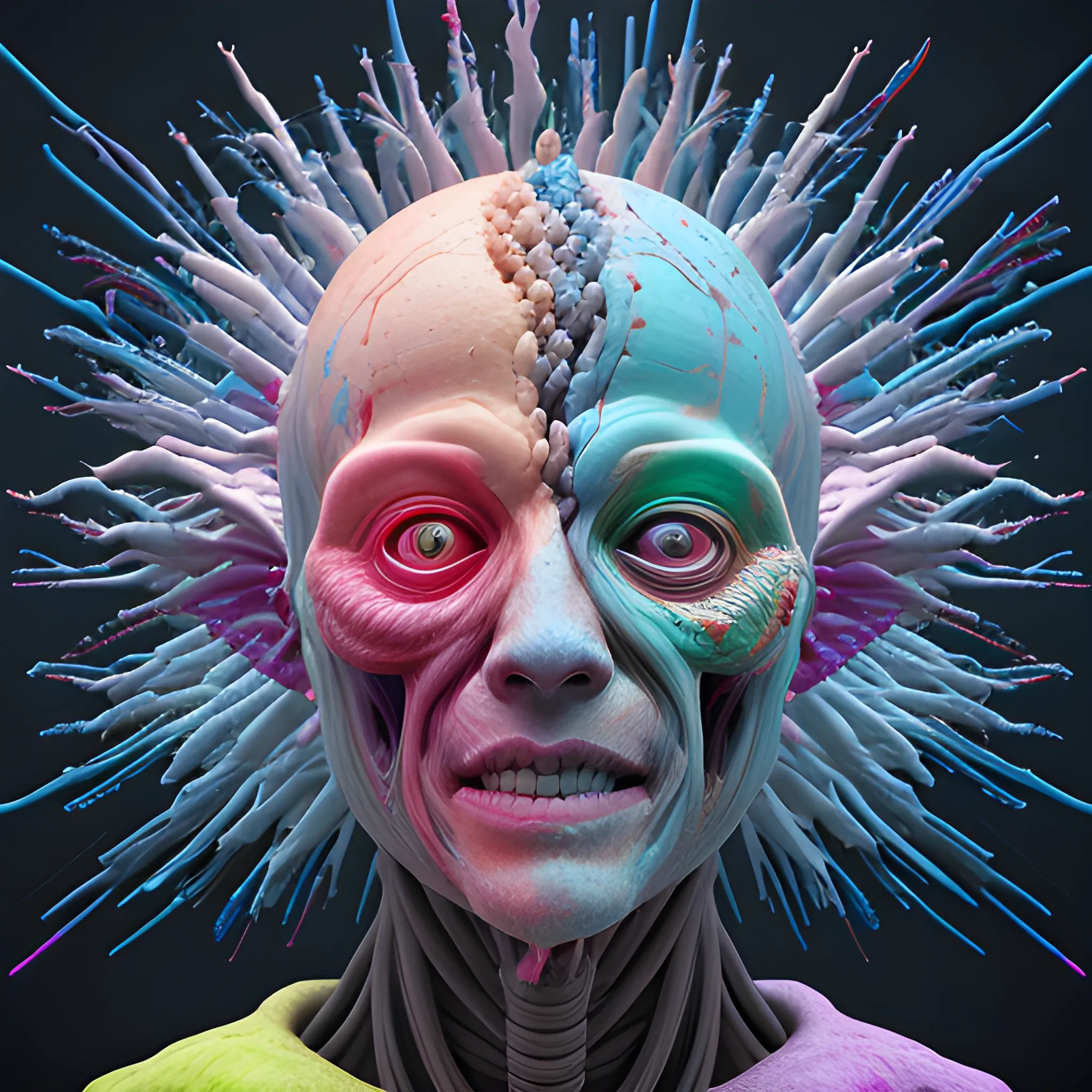 insides of a human head explode outward as a huge mass of coloured powder, hyperrealistic, medical photography, anatomically correct, realistic textures, 8 k, art by lee griggs, 