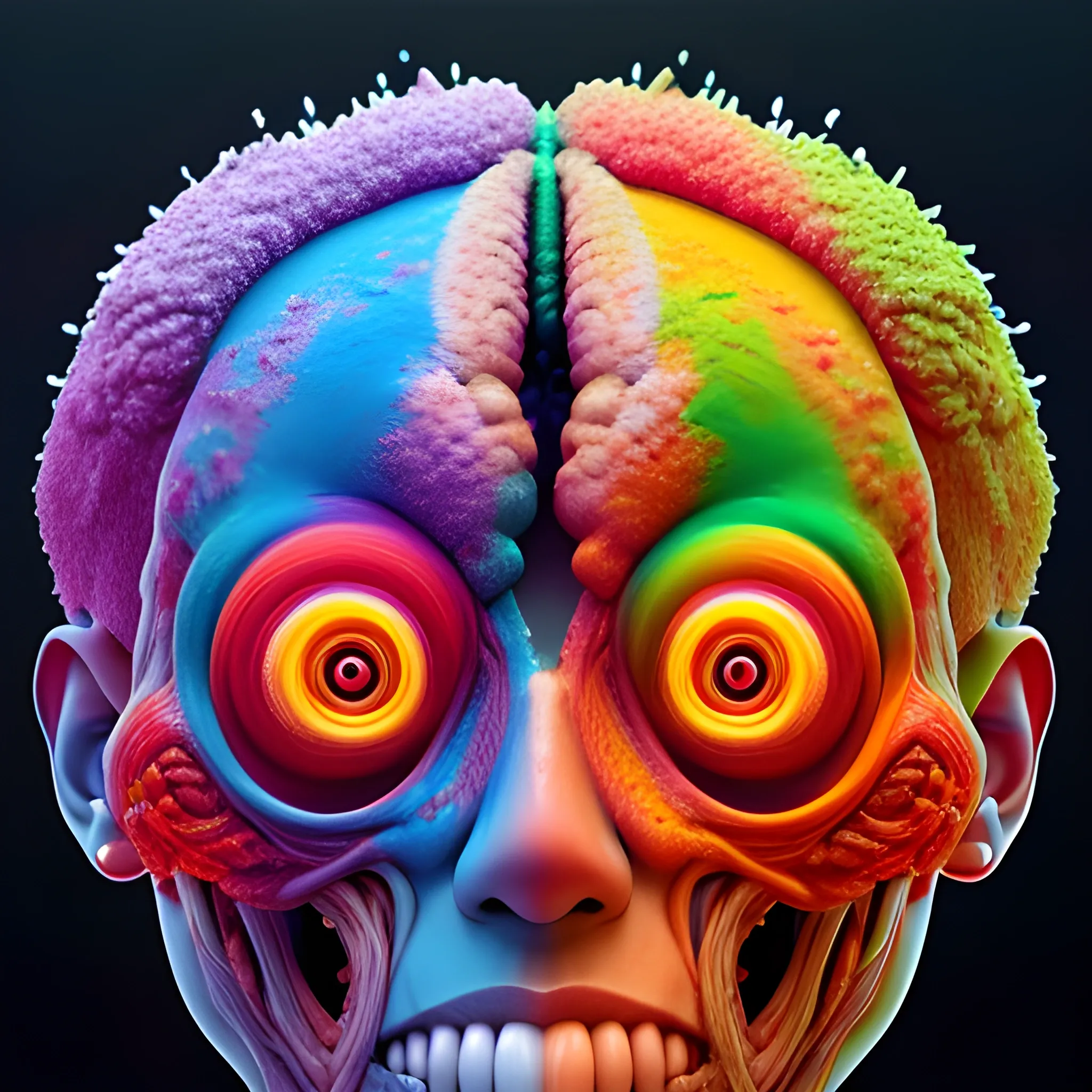 insides of a human head explode outward as a huge mass of coloured powder, hyperrealistic, medical photography, anatomically correct, realistic textures, 8 k,geometrical patterns, dmt
