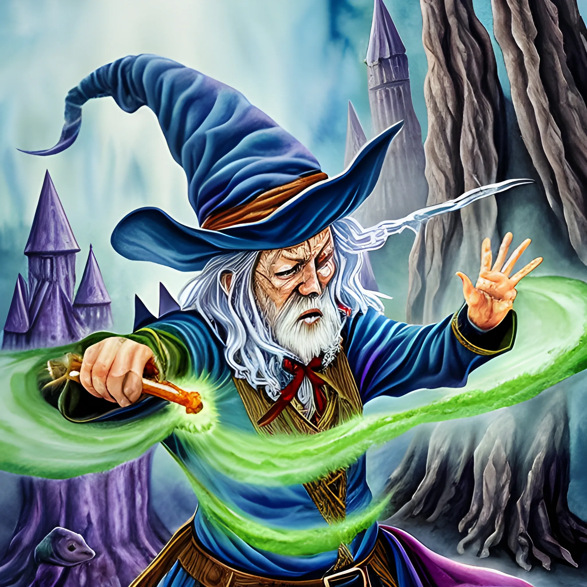 wizard shooting spell on witch, Wizard fighting a witch , very high detail, wizard vs witch, 32k, Water Color