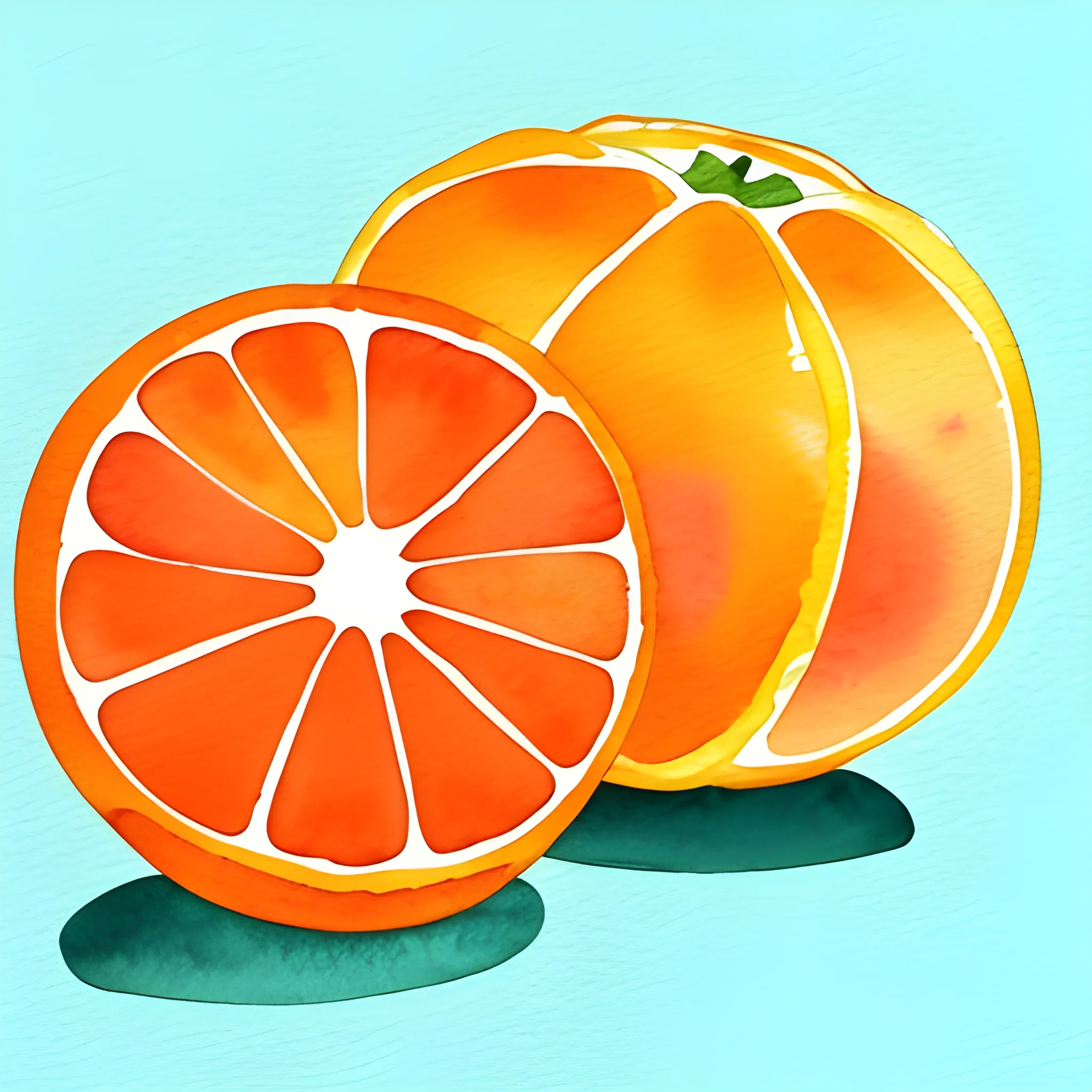 Generate a vibrant watercolor-style clipart image of oranges. The image should be in digital PNG format and feature citrus fruit with a watercolor effect. The clipart should be suitable for use in various craft projects and should evoke a sense of freshness and color., Water Color