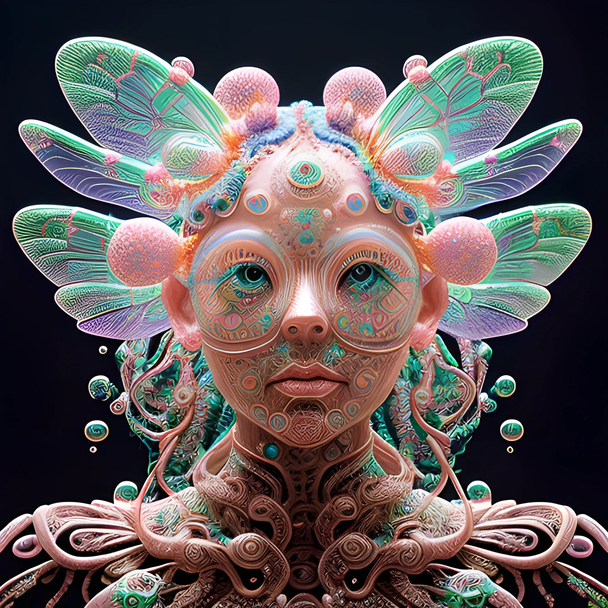 3 d goddess medium shot profile portrait. beautiful intricate highly detailed mask made entirely of bubbles and dragonfly wings. optical mineralogy, chitin, oil on water, reflections, refractions, creature, artwork by yayoi kusama, tooth wu and wlop and beeple and greg rutkowski, 