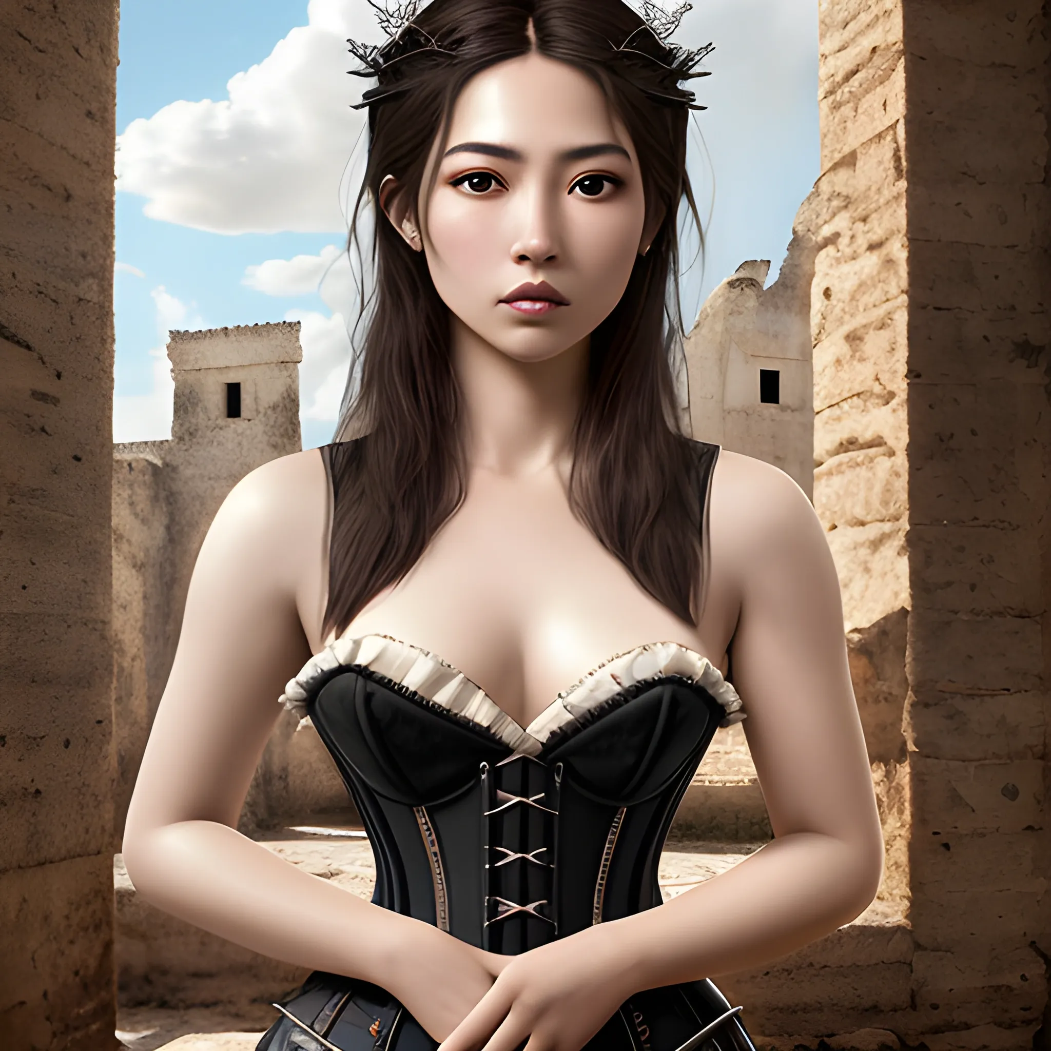 Hiperrealismo al óleo 
Mujer joven Sarcástica, ojos chinos, labios gruesos, corset, dentro de castillo en ruinas, pelo corto, pocos senos, upper body