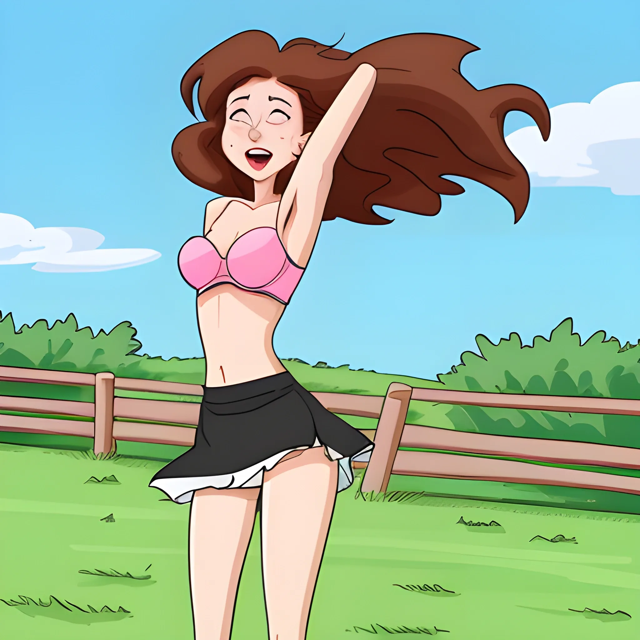 Women in a short skirt when a gust of wind lifts the skirt to show here undies, Cartoon