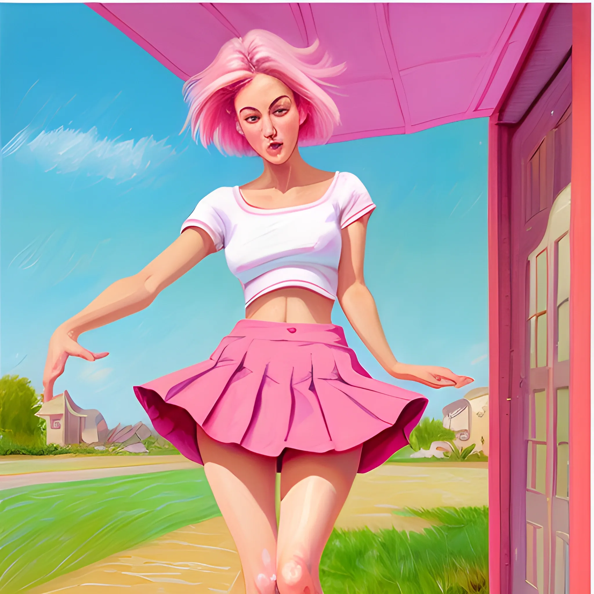 Women in a short skirt lifts skirt reveal her pink underwear , O 