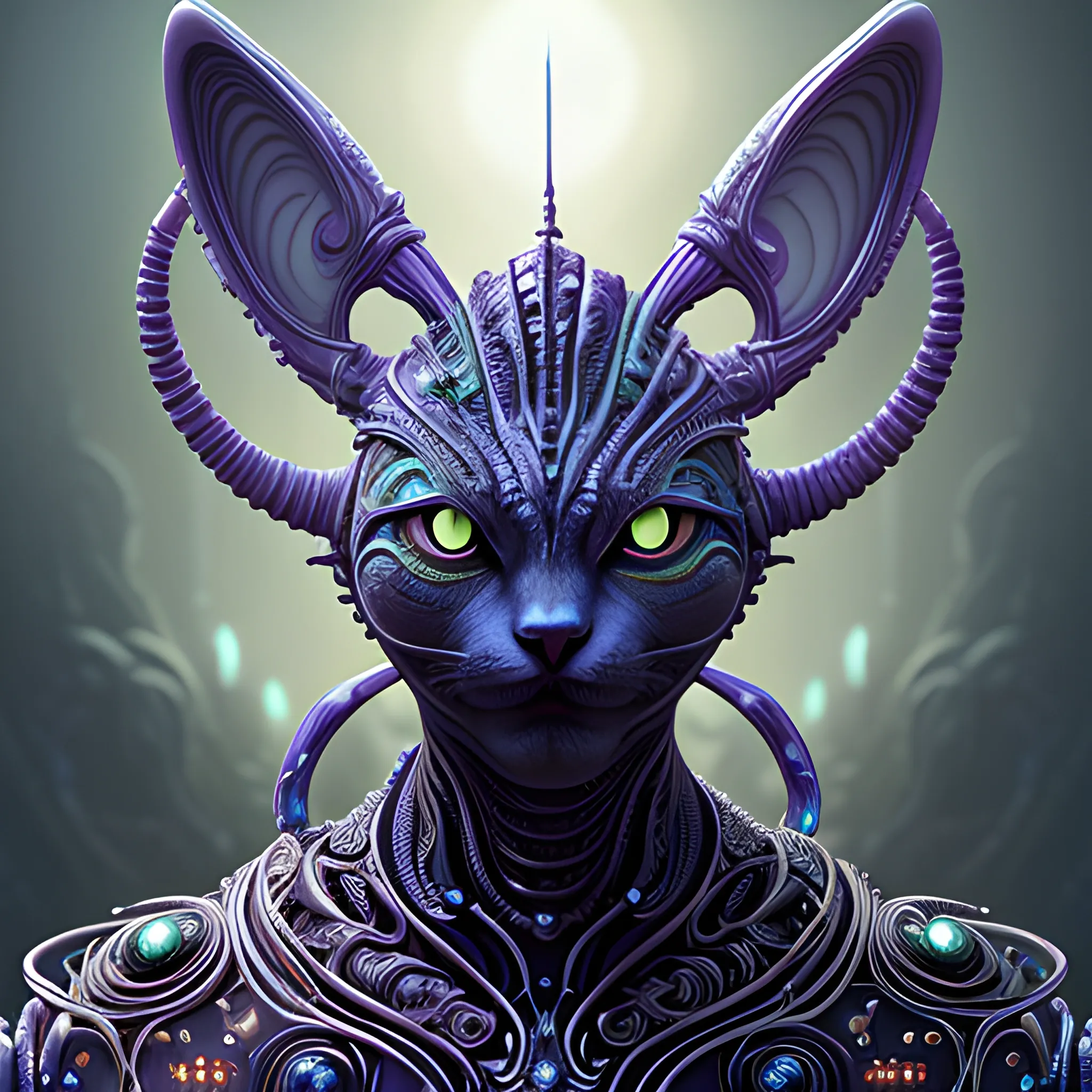 a cat wearing a costume, alien cyborg hindu male godbody, unreal engine fantasy art, fractal details, dramatic sci-fi background, inspired by Otto Pilny, by Kanō Naizen, detailed face features, rene lalique and eddie mendoza, character art, featured face details, photoreal details, new character