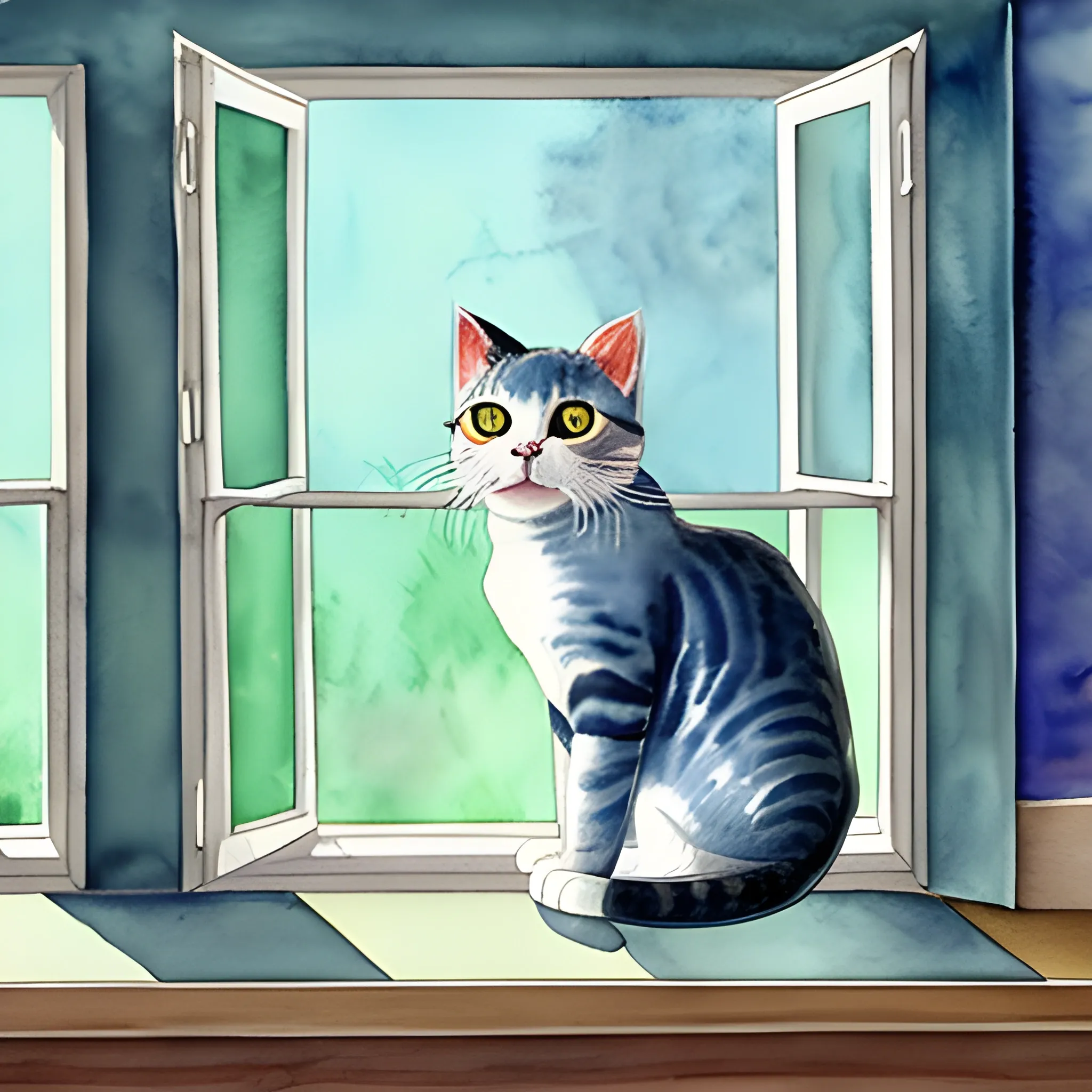 , Water Color cat in the window