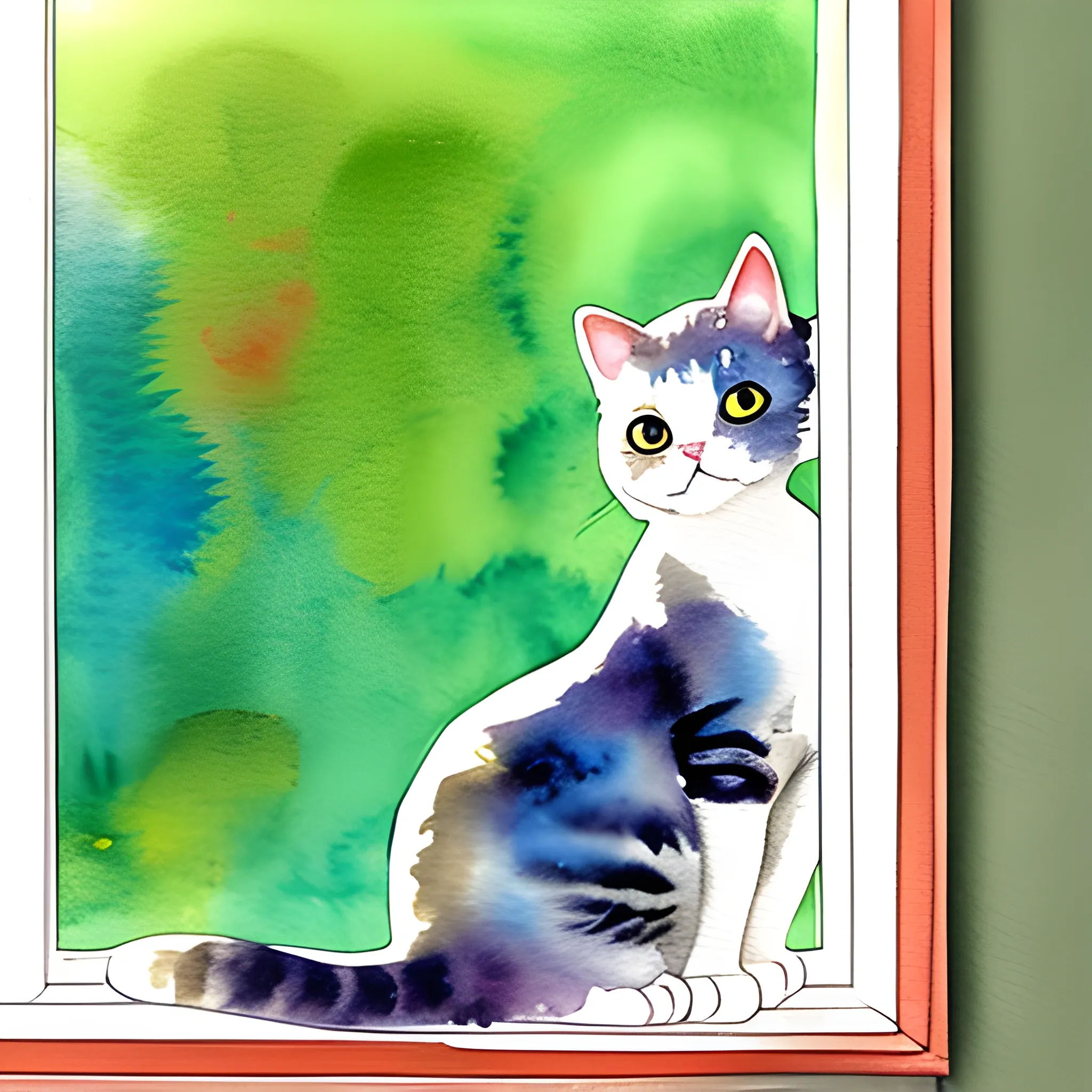 , Water Color cat looking out the window